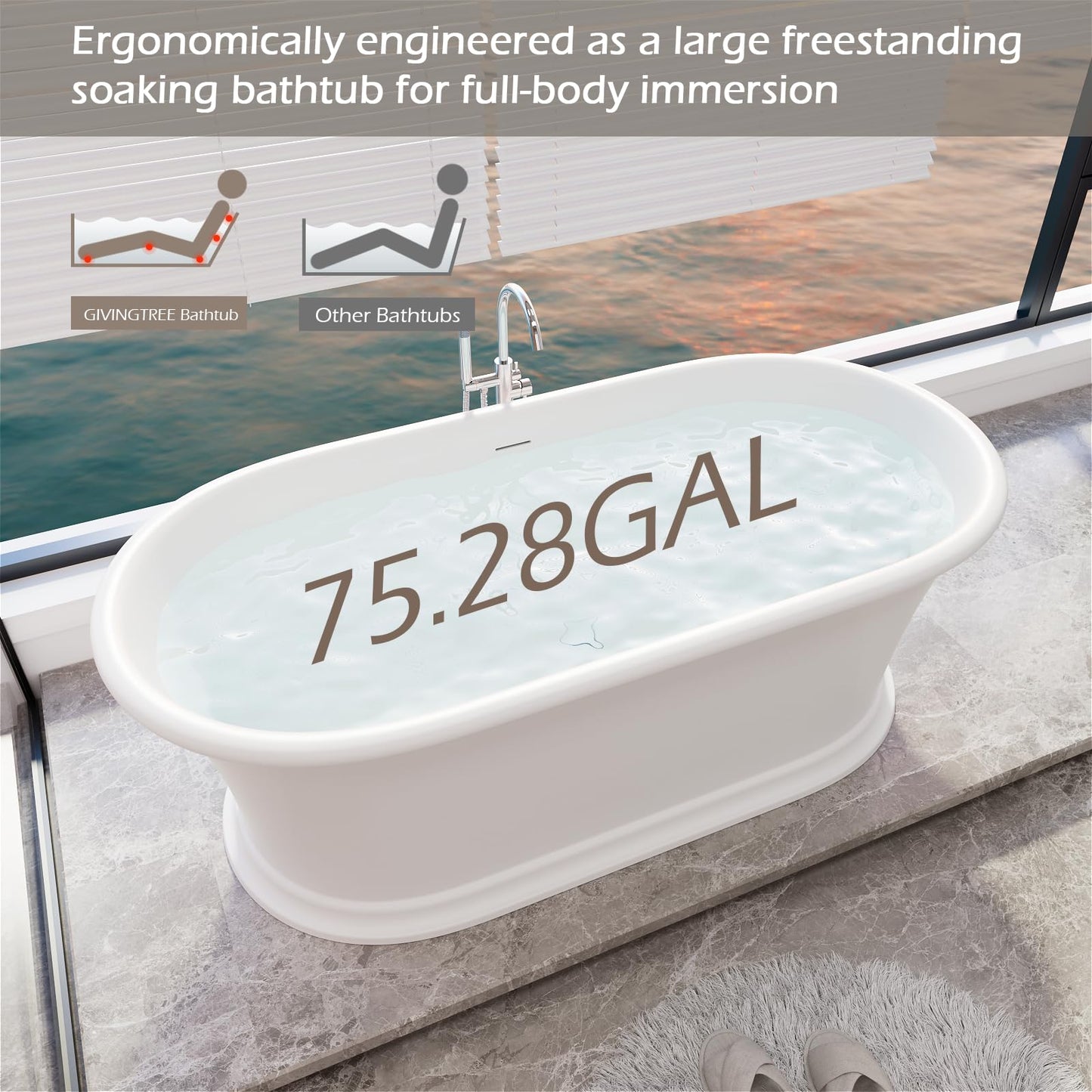 Freestanding Solid Surface Resin Stone Bathtub, Contemporary Design Stand Alone Tub with Pop-up Drain and Overflow, cUPC Certified (PO1041)
