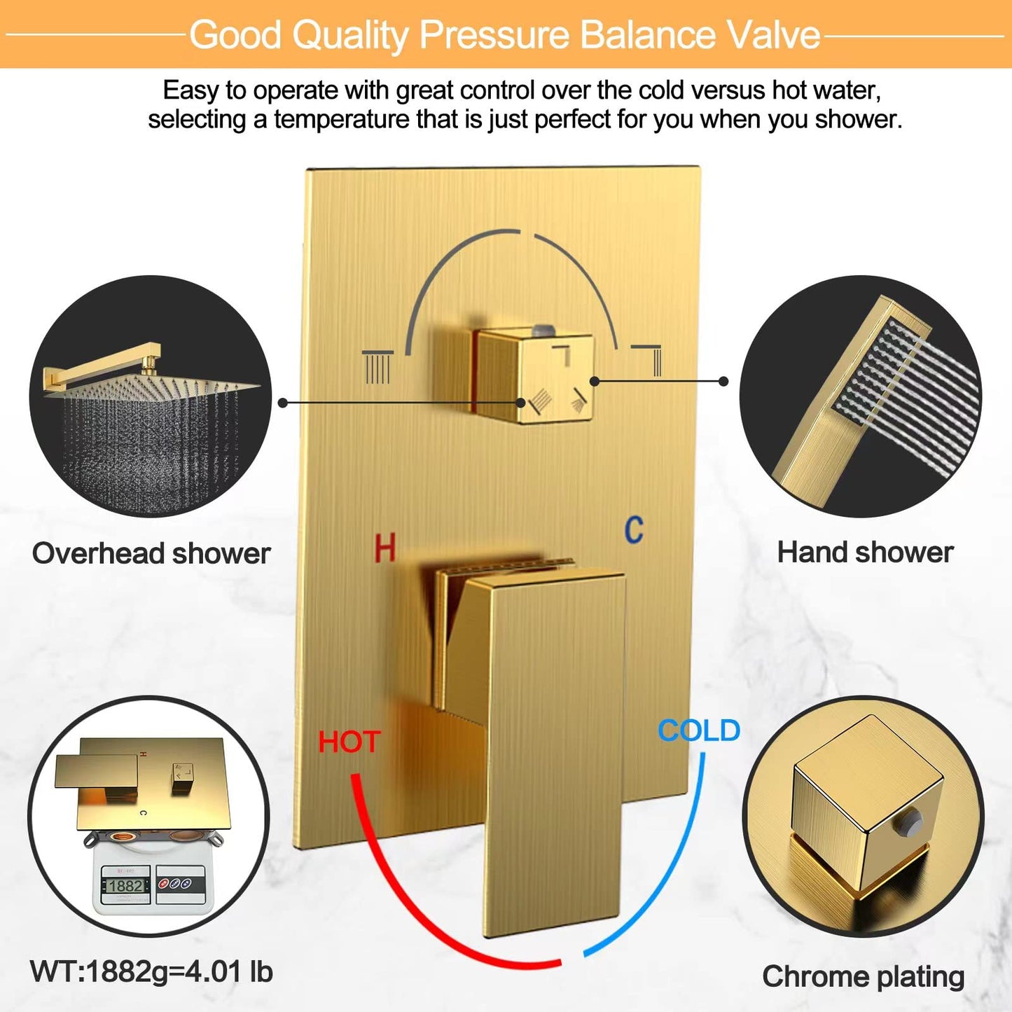 Rain Shower System 10 Inches Shower Head with Handheld Combo Set for Bathroom,High Pressure Rainfall Shower Faucet Set Wall Mounted,Rough-in Valve and Trim Kit(Brushed Gold)