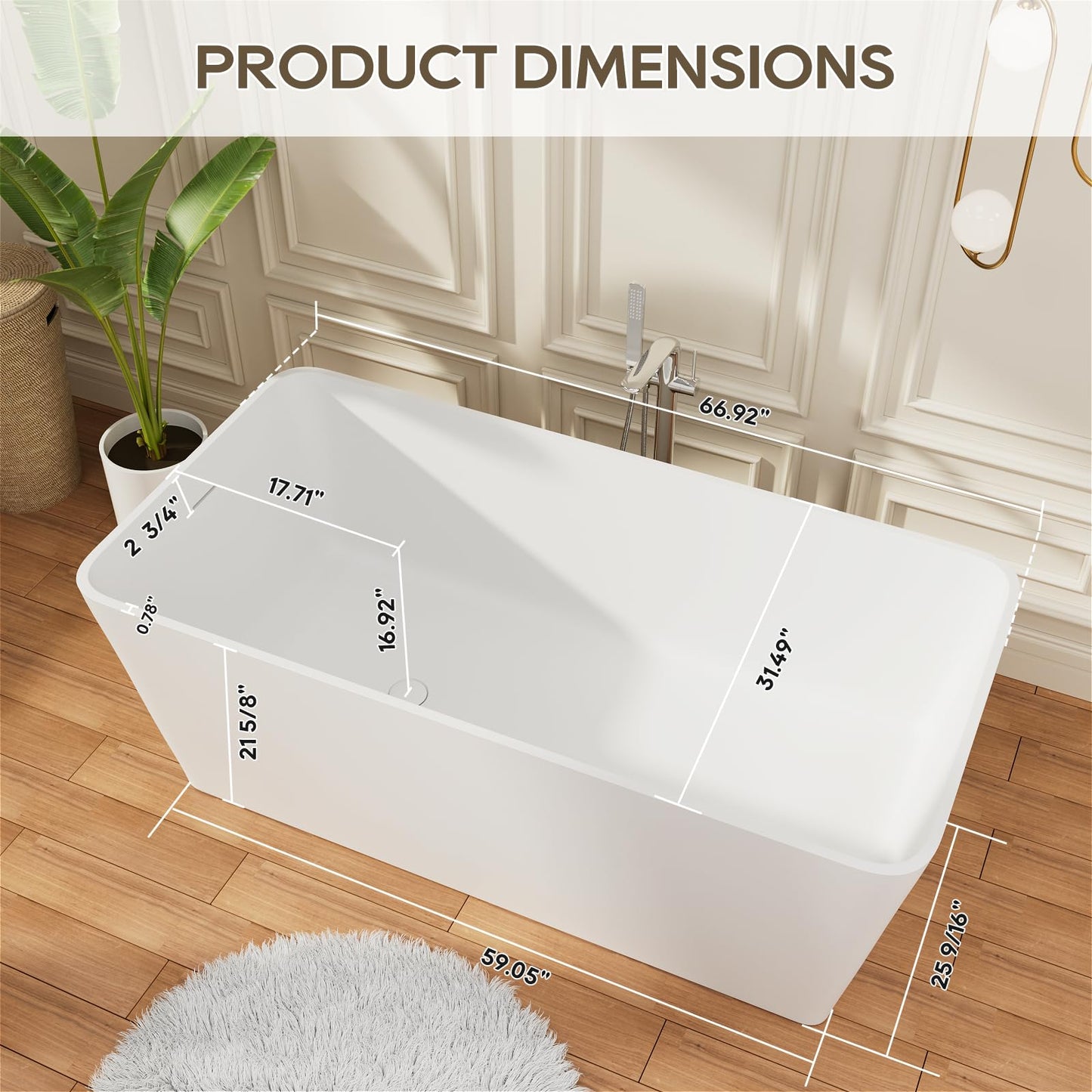 Freestanding Solid Surface Resin Stone Bathtub, Contemporary Design Stand Alone Tub with Pop-up Drain and Overflow, cUPC Certified (PO1041)
