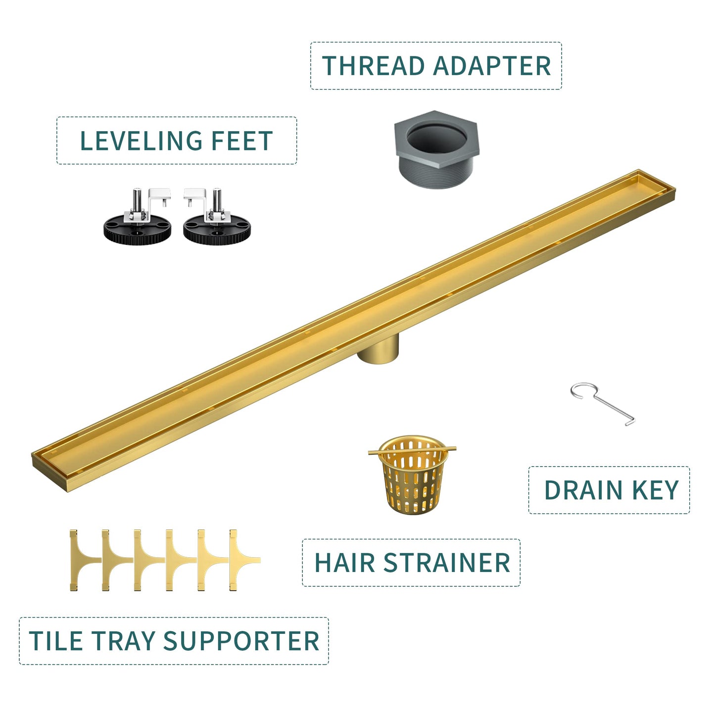 Square Shower Drain 6", Brushed Gold Floor Drain with Tiled Insert Grate & Hair Strainer, 304 Stainless Steel Bathroom 2-in-1 Tiled in Drain, CUPC Certified (Brushed Gold, 6'')