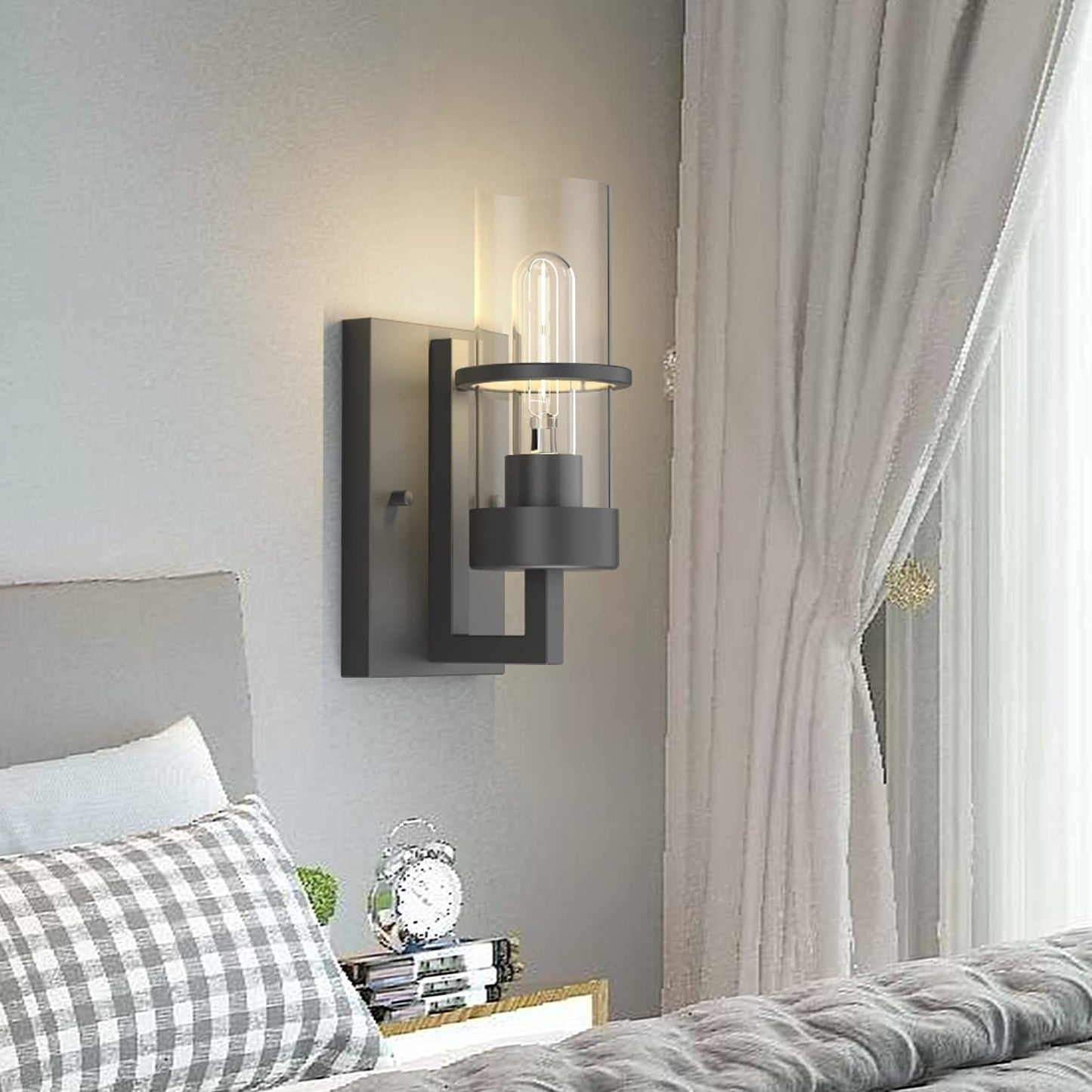 Tipace Black 2-Pack Wall Light Fixtures,Industrial Wall Sconces Clear Glass Wall Mount Sconce,Wall Lamp for Living Room Bedroom Hallway(Bulb not Include)