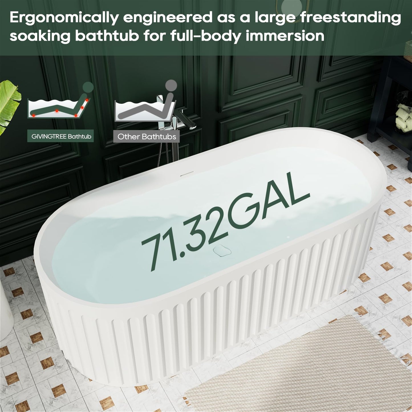 Freestanding Solid Surface Resin Stone Bathtub, Contemporary Design Stand Alone Tub with Pop-up Drain and Overflow, cUPC Certified (PO1041)