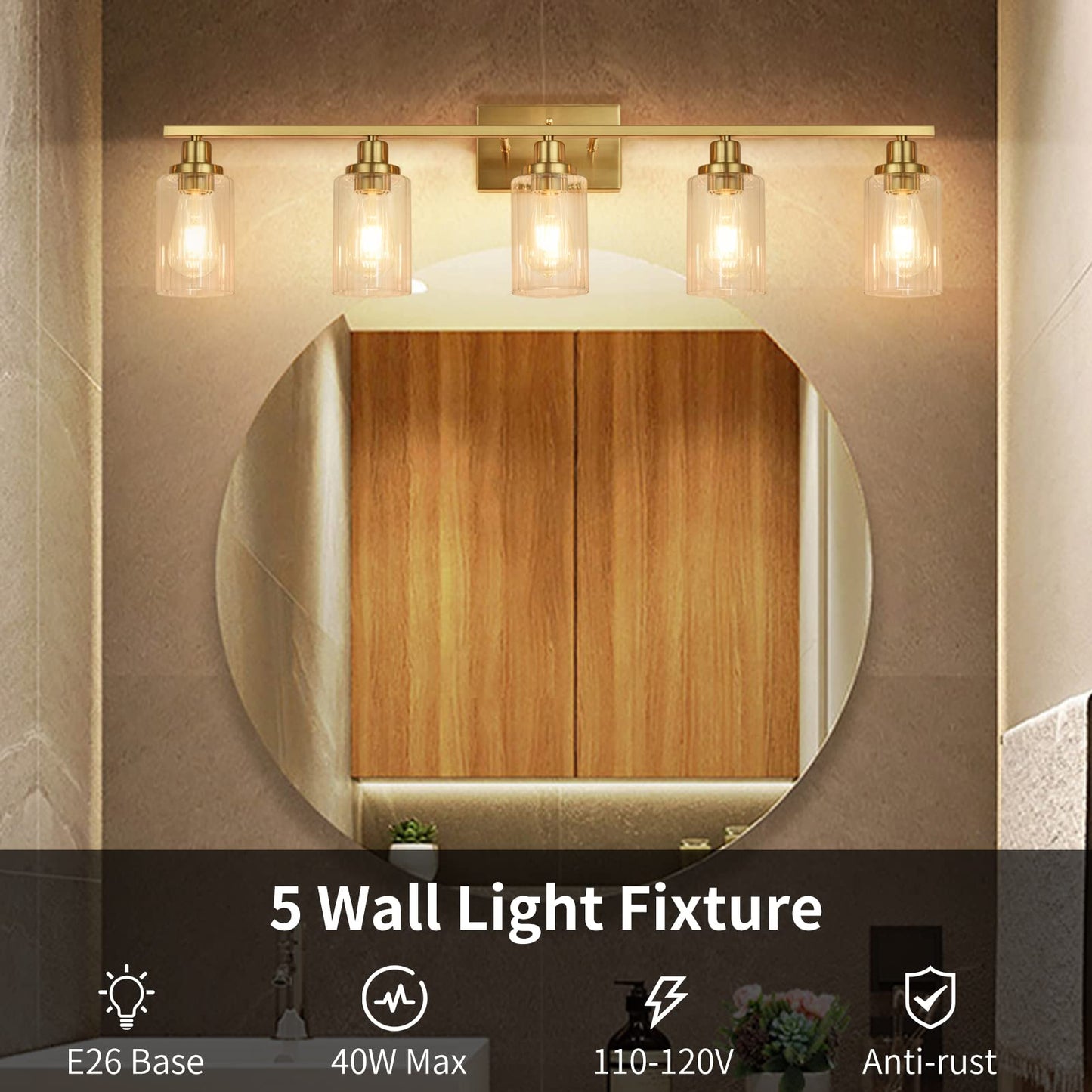 Jonsi Gold Bathroom Vanity Lights, 4 Light Brushed Gold Bathroom Light Fixtures with Fluted Glass Shade, Modern Gold Bathroom lights Over Mirror,Vanity Lighting Fixtures,31.1" W x 10.7" H