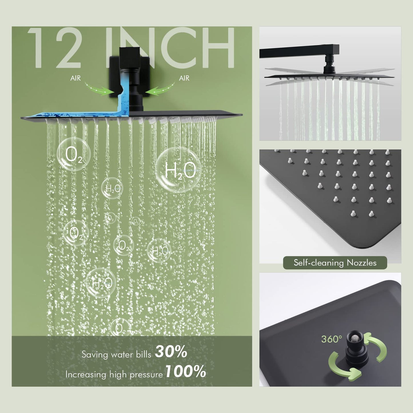 Matte Black Shower System, Shower Faucet Set with 3 Way Pressure Balance Valve and Trim Kit All Metal 10 Inch Rainfall Shower Head System Wall Mounted Can Use All Faucets At Same Time