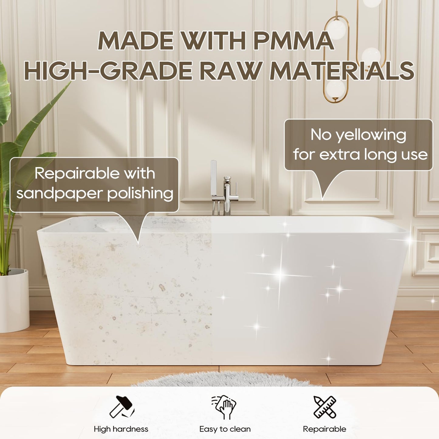 Freestanding Solid Surface Resin Stone Bathtub, Contemporary Design Stand Alone Tub with Pop-up Drain and Overflow, cUPC Certified (PO1041)