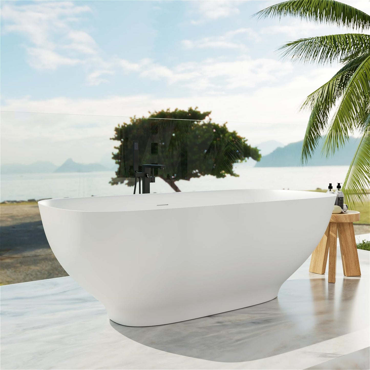 Freestanding Solid Surface Resin Stone Bathtub, Contemporary Design Stand Alone Tub with Pop-up Drain and Overflow, cUPC Certified (PO1041)