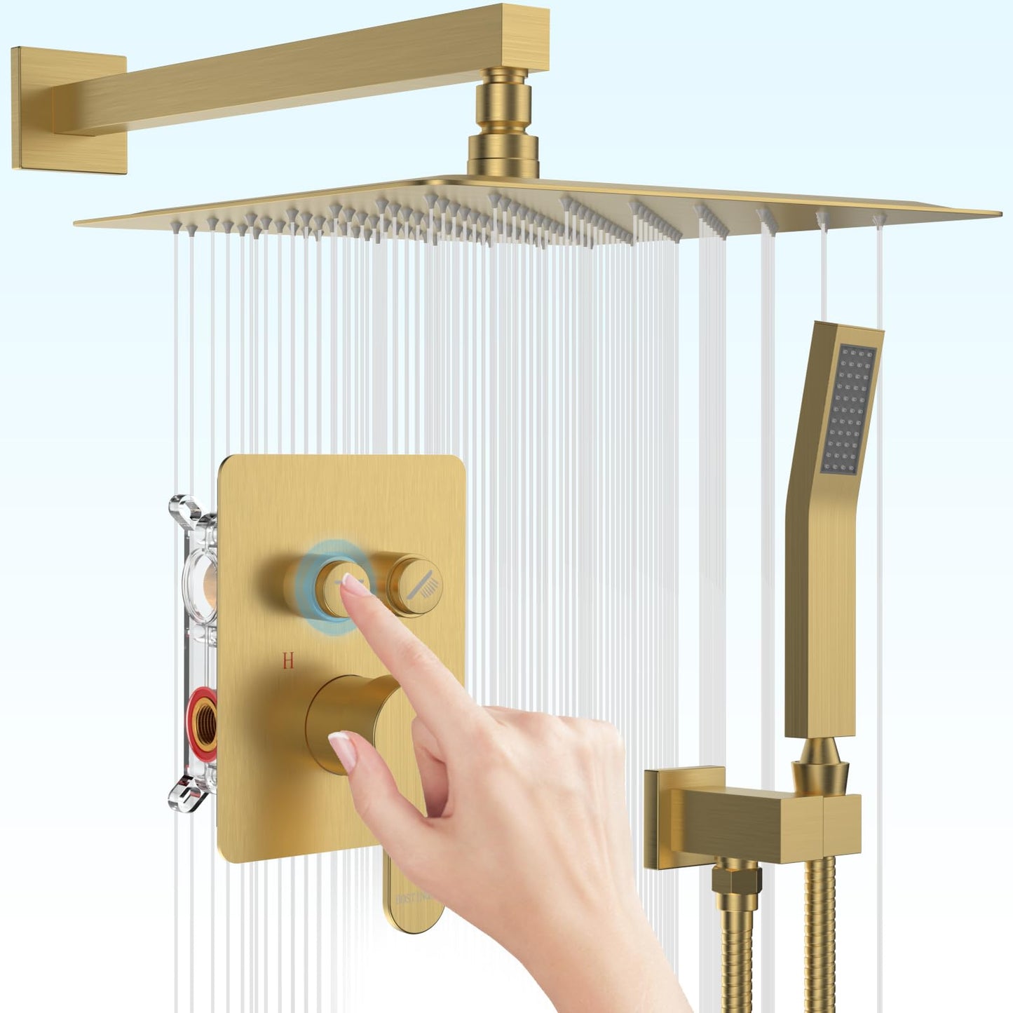 Matte Black Shower System, Shower Faucet Set with 3 Way Pressure Balance Valve and Trim Kit All Metal 10 Inch Rainfall Shower Head System Wall Mounted Can Use All Faucets At Same Time