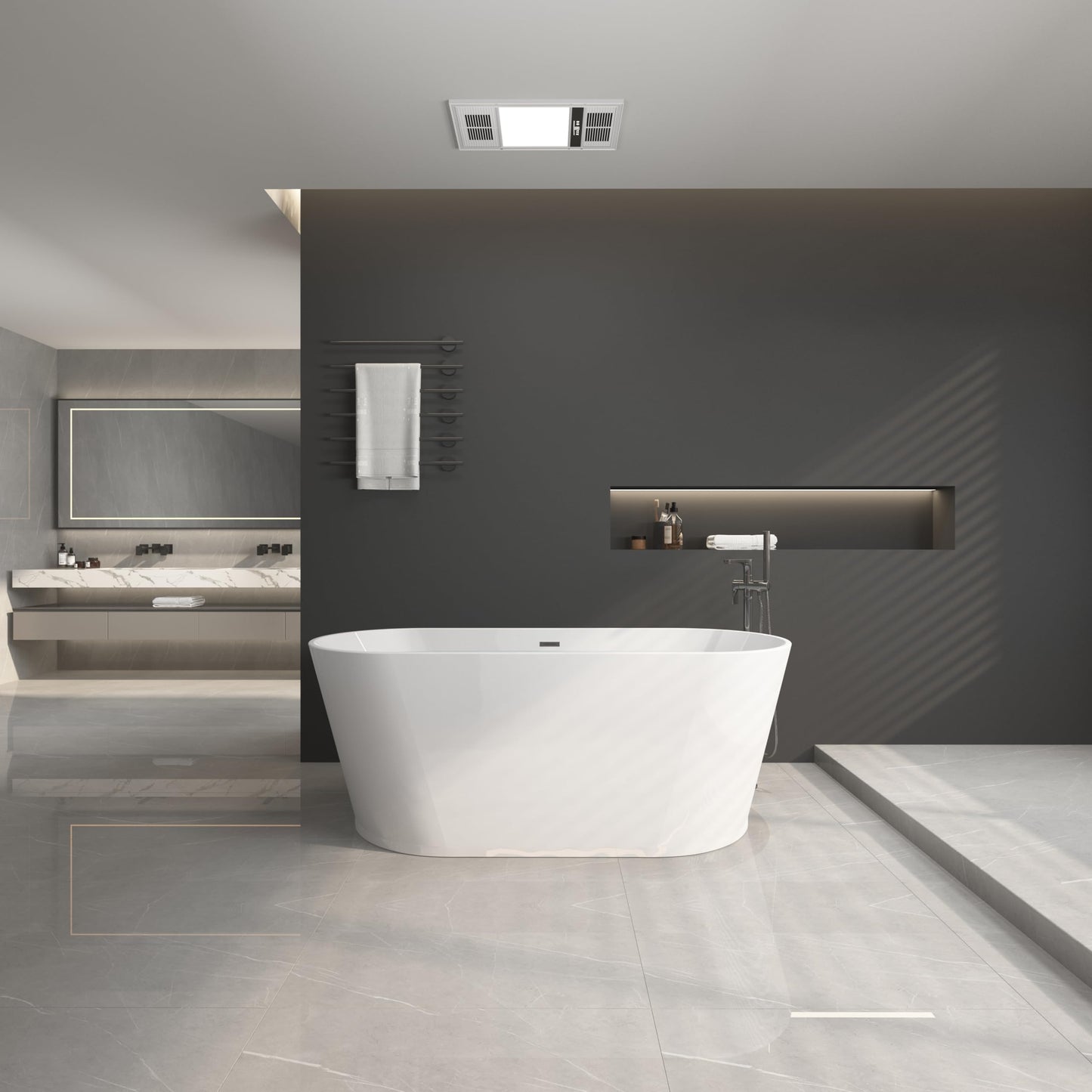 LOVMOR 67" Acrylic Freestanding Soaking Bathtub Soaking Bath Tub with Brushed Nickel Overflow and Pop Up Drain for Bathroom, Double Slipper Tub, Whit