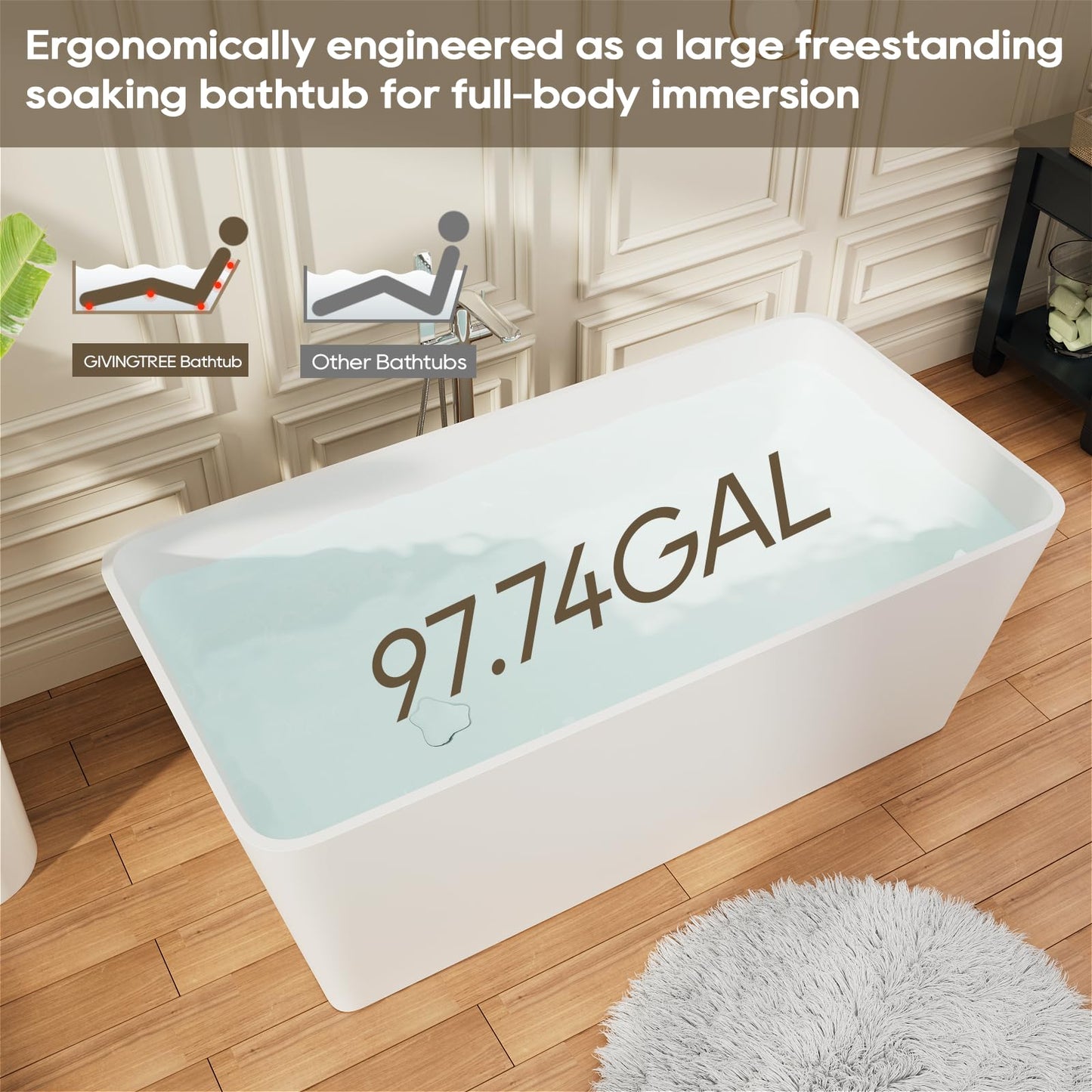 Freestanding Solid Surface Resin Stone Bathtub, Contemporary Design Stand Alone Tub with Pop-up Drain and Overflow, cUPC Certified (PO1041)