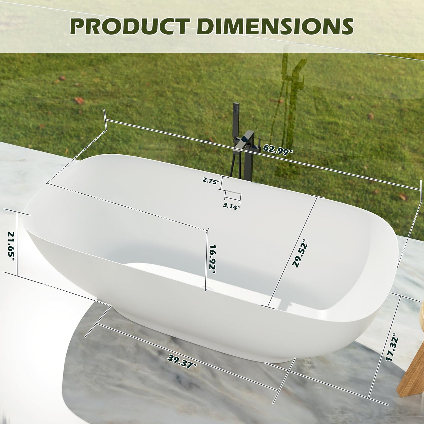 Freestanding Solid Surface Resin Stone Bathtub, Contemporary Design Stand Alone Tub with Pop-up Drain and Overflow, cUPC Certified (PO1041)