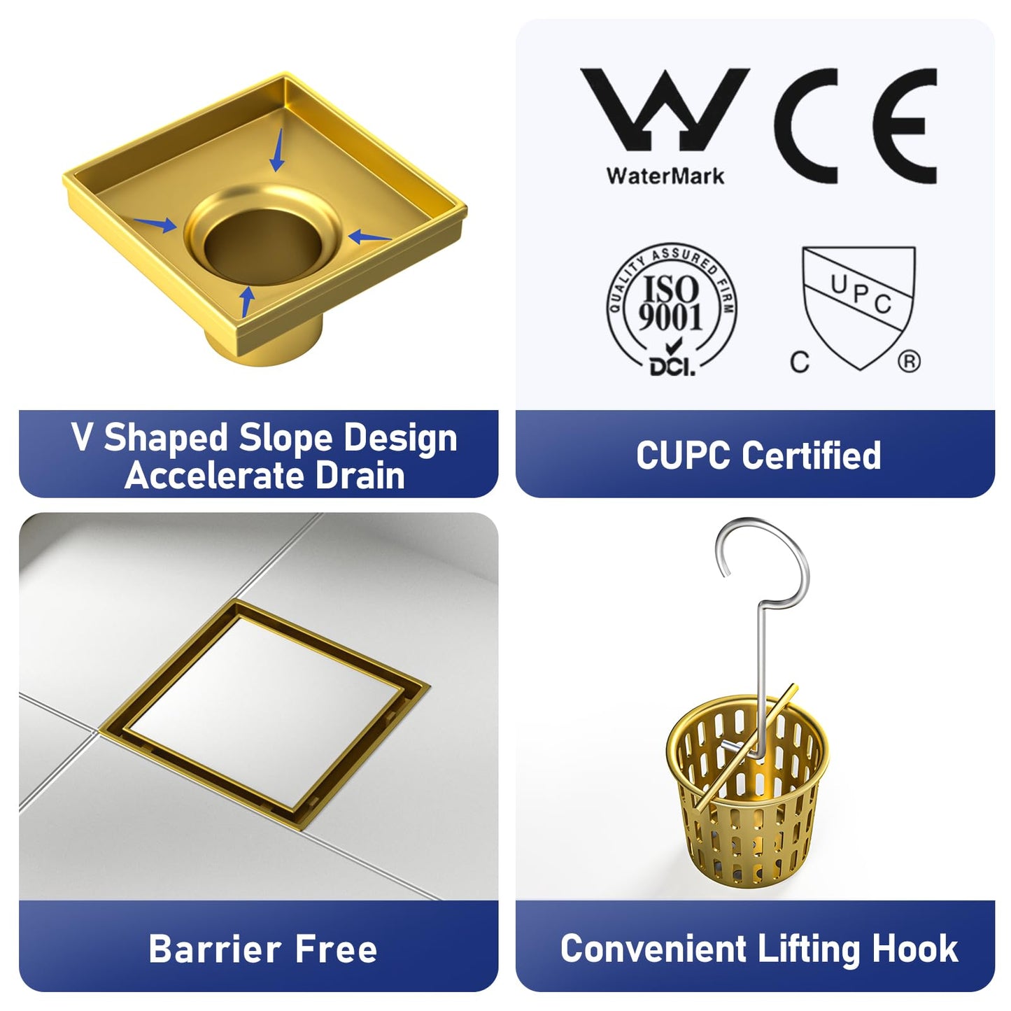 Square Shower Drain 6", Brushed Gold Floor Drain with Tiled Insert Grate & Hair Strainer, 304 Stainless Steel Bathroom 2-in-1 Tiled in Drain, CUPC Certified (Brushed Gold, 6'')