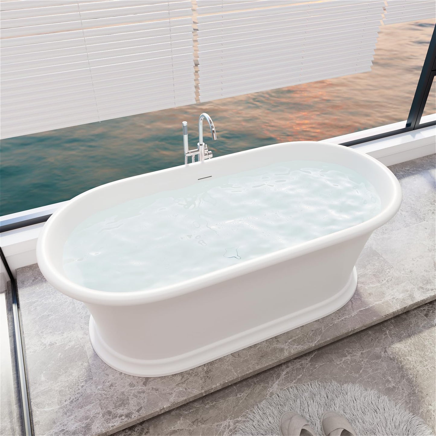 Freestanding Solid Surface Resin Stone Bathtub, Contemporary Design Stand Alone Tub with Pop-up Drain and Overflow, cUPC Certified (PO1041)