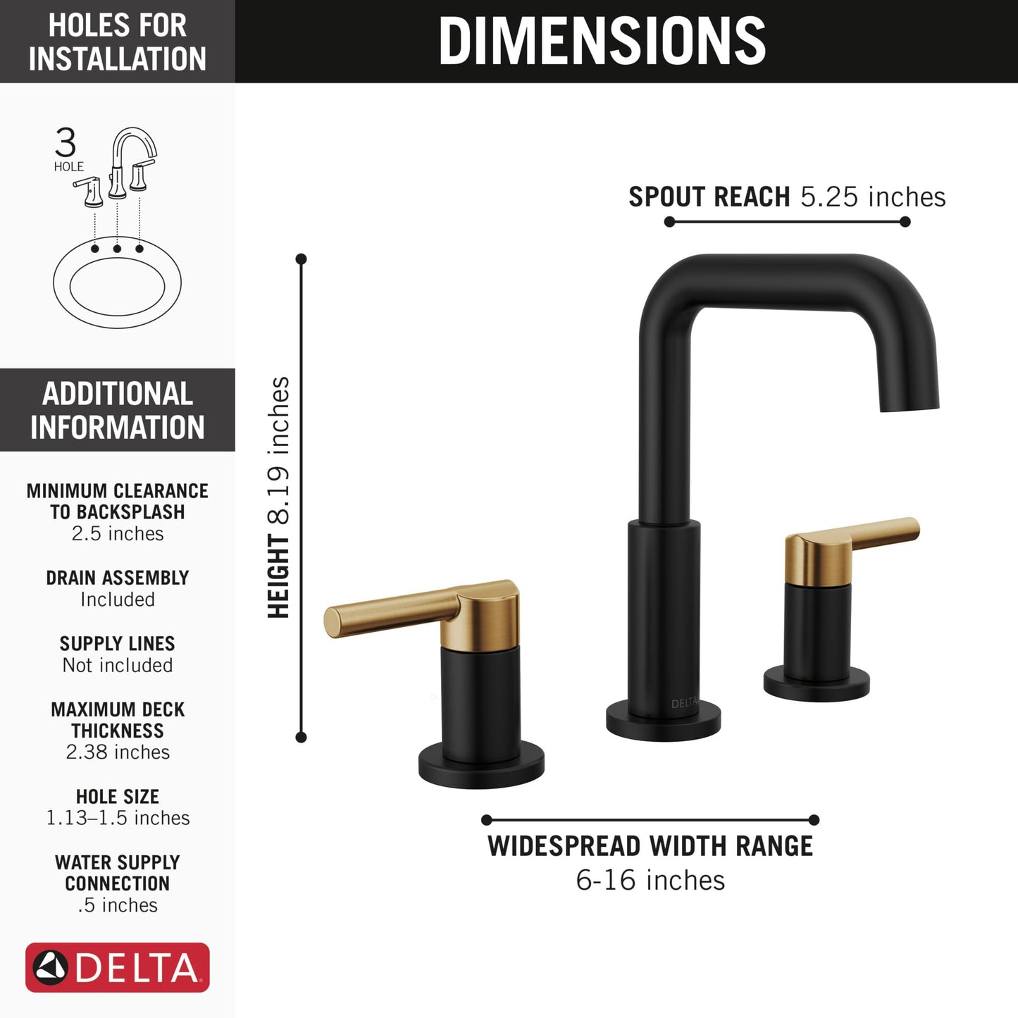 Delta Faucet Nicoli Widespread Bathroom Faucet 3 Hole, Gold Bathroom Faucet, 2 Handle Bathroom Faucet, Bathroom Sink Faucet Drain Assembly, Champagne Bronze 35849LF-CZ