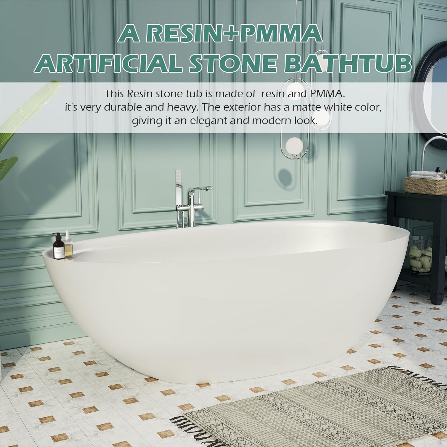 Freestanding Solid Surface Resin Stone Bathtub, Contemporary Design Stand Alone Tub with Pop-up Drain and Overflow, cUPC Certified (PO1041)