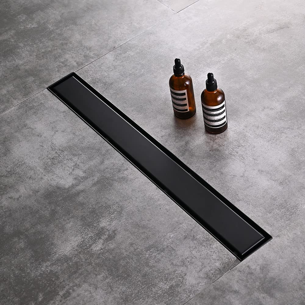 Linear Shower Floor Drain, Black 24 Inch 304 Stainless Steel Bathroom Drains Kit, Rectangular Shower Trench Drain with Reversable Tile-in Pattern Drain Cover & Hair Catcher