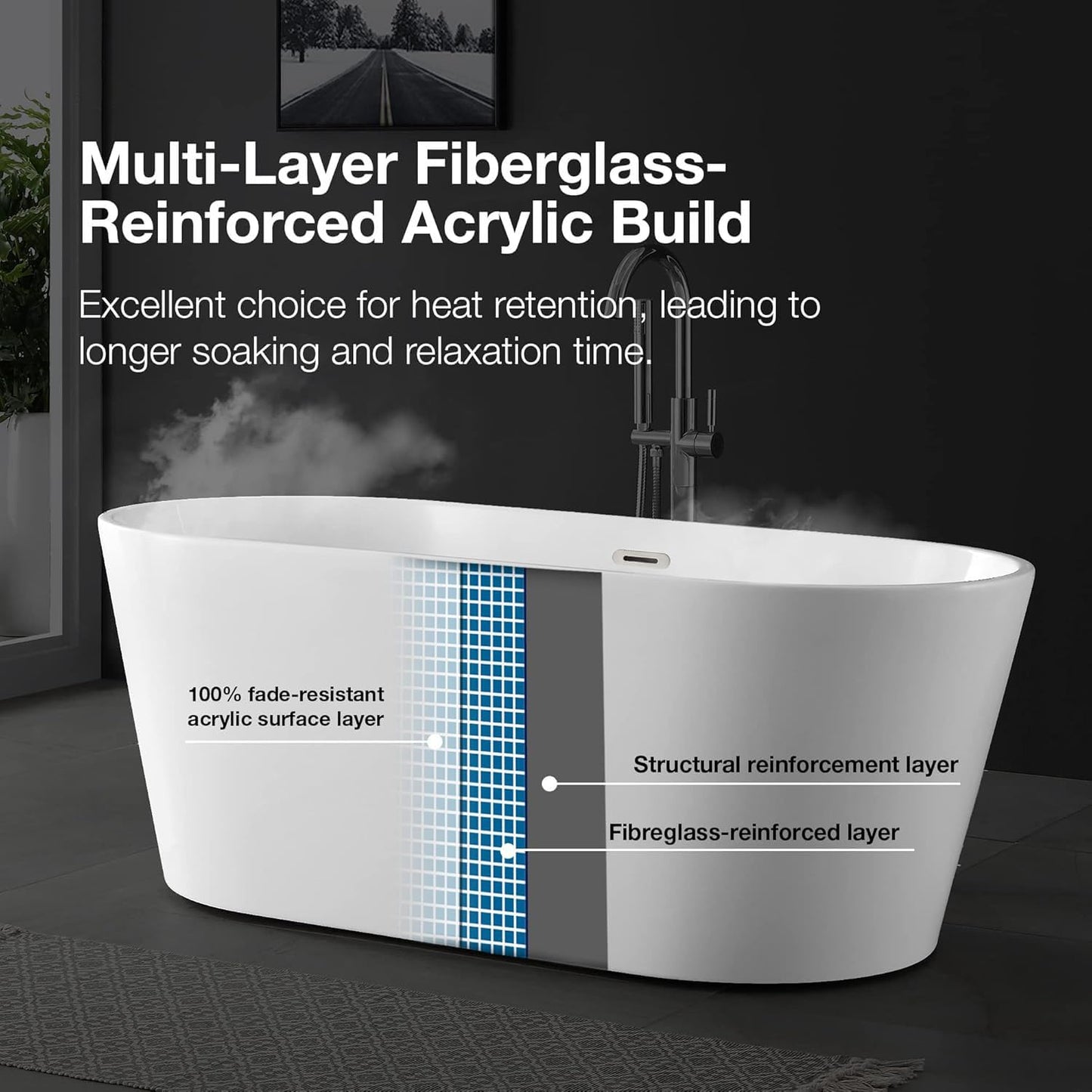 LOVMOR 67" Acrylic Freestanding Soaking Bathtub Soaking Bath Tub with Brushed Nickel Overflow and Pop Up Drain for Bathroom, Double Slipper Tub, Whit