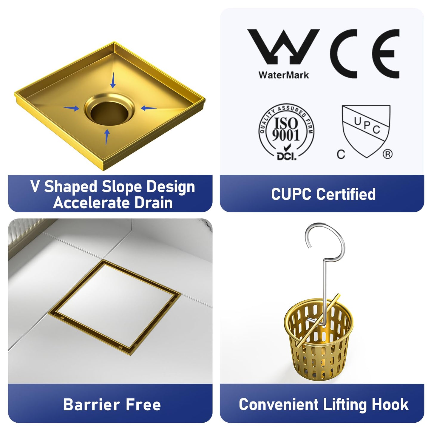 Square Shower Drain 6", Brushed Gold Floor Drain with Tiled Insert Grate & Hair Strainer, 304 Stainless Steel Bathroom 2-in-1 Tiled in Drain, CUPC Certified (Brushed Gold, 6'')
