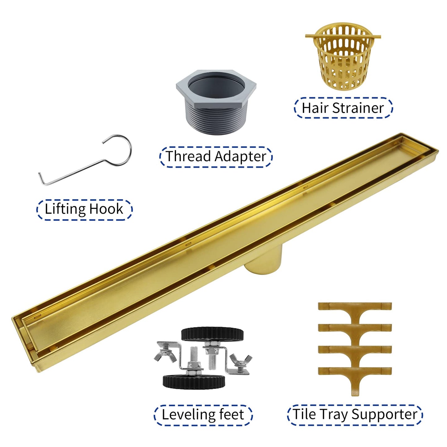 Square Shower Drain 6", Brushed Gold Floor Drain with Tiled Insert Grate & Hair Strainer, 304 Stainless Steel Bathroom 2-in-1 Tiled in Drain, CUPC Certified (Brushed Gold, 6'')