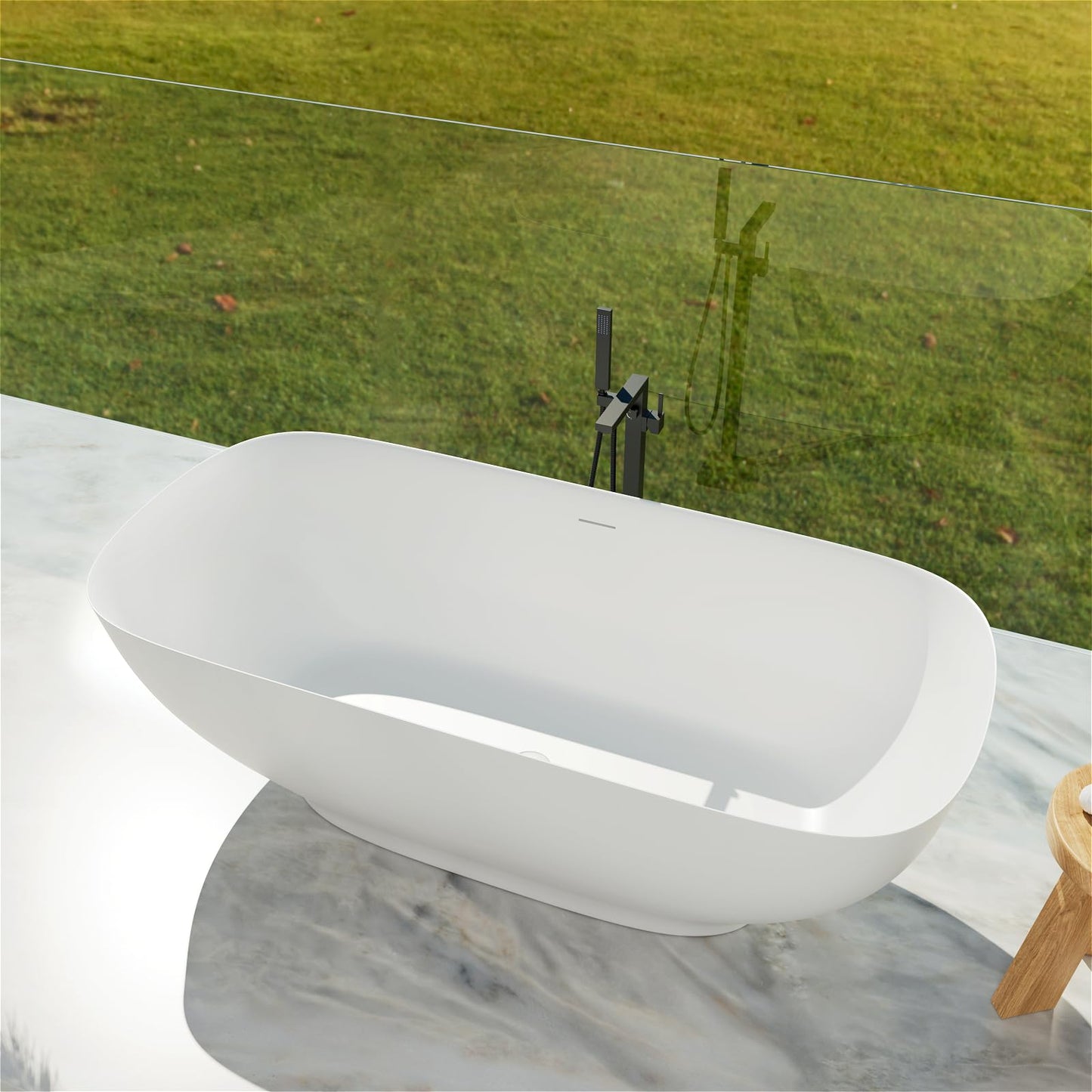 Freestanding Solid Surface Resin Stone Bathtub, Contemporary Design Stand Alone Tub with Pop-up Drain and Overflow, cUPC Certified (PO1041)