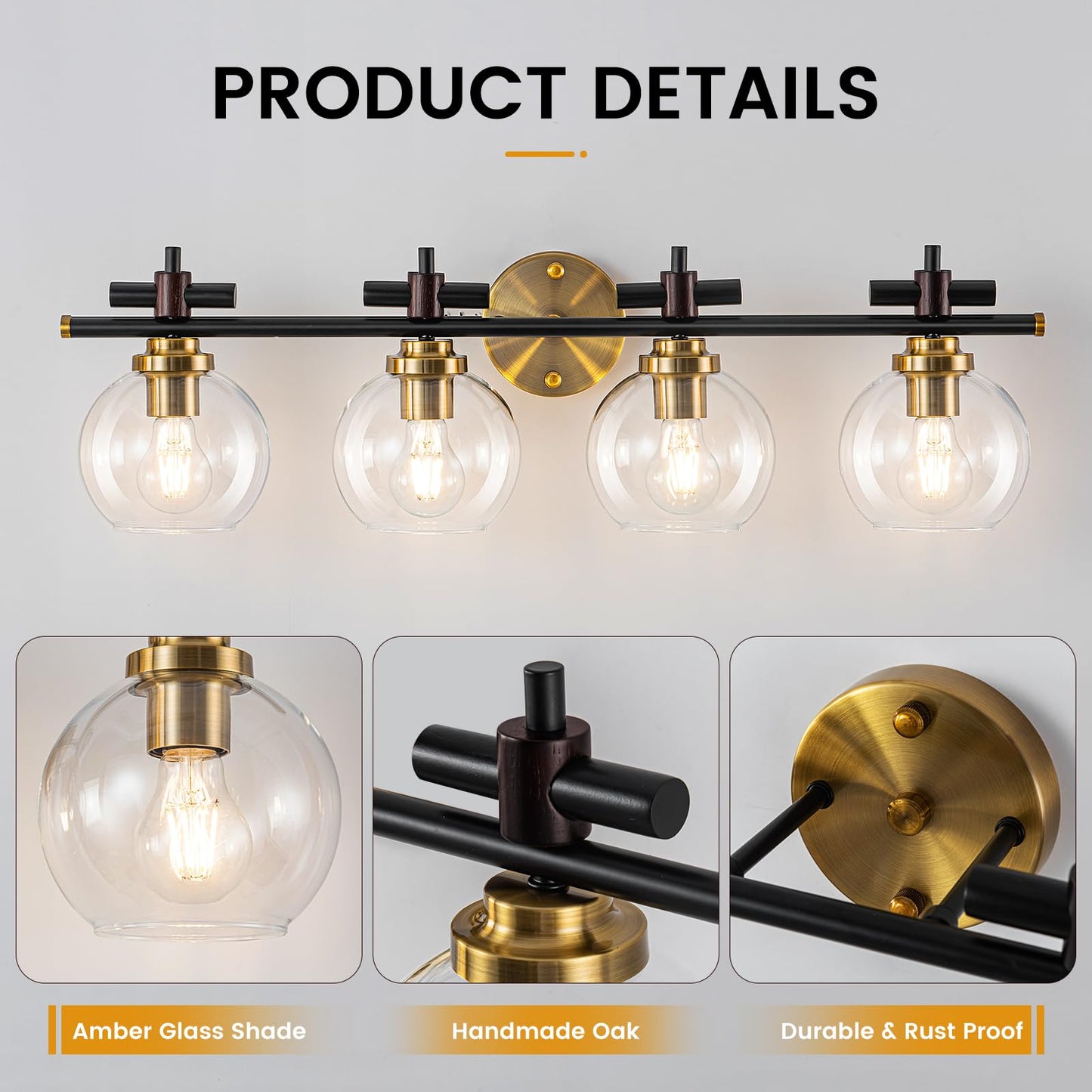 Bathroom Vanity Light, 3-Lights Vanity Lights for Bathroom, Bathroom Light Fixtures Over Mirror with Amber Glass Shade, 23 inch Modern Vanity Light (Amber Glass, 3 Lights)
