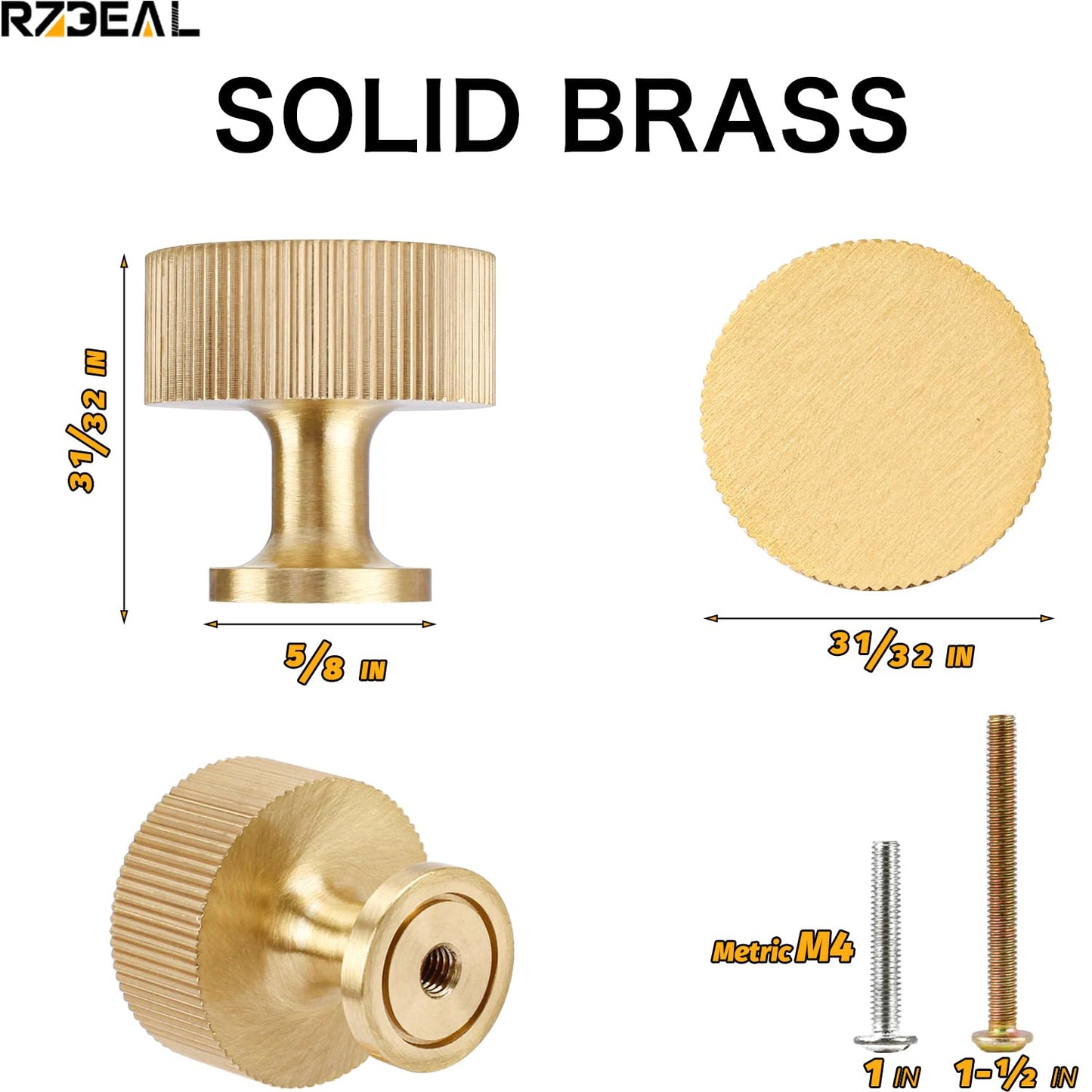 RZDEAL 4pcs Solid Brass Cabinet Knobs Pulls Cabinet Drawer Dresser Gold Knobs Modern Handles Knobs(1"x1"/25mmx25mm),Brushed Brass Finish