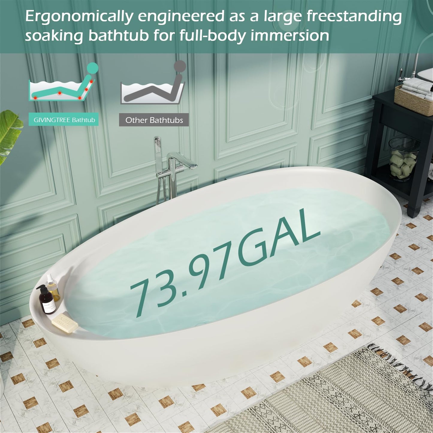 Freestanding Solid Surface Resin Stone Bathtub, Contemporary Design Stand Alone Tub with Pop-up Drain and Overflow, cUPC Certified (PO1041)