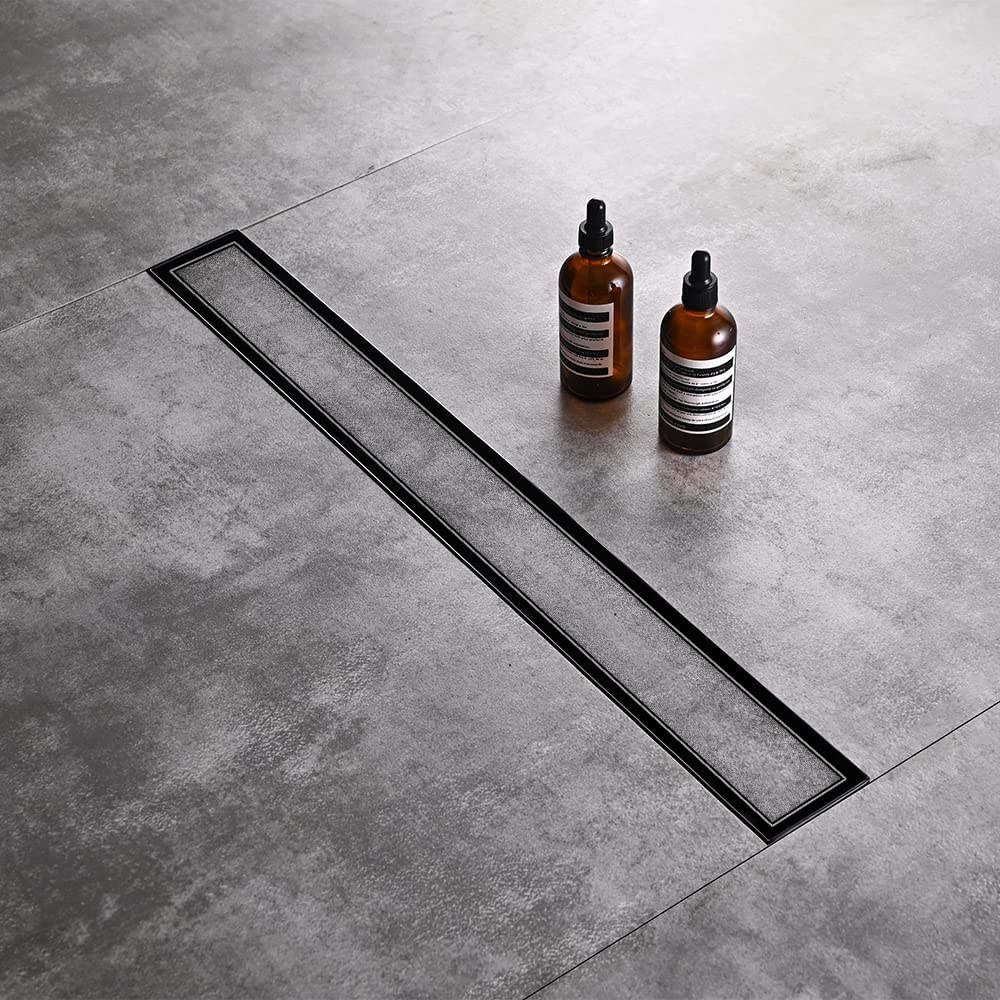 Linear Shower Floor Drain, Black 24 Inch 304 Stainless Steel Bathroom Drains Kit, Rectangular Shower Trench Drain with Reversable Tile-in Pattern Drain Cover & Hair Catcher