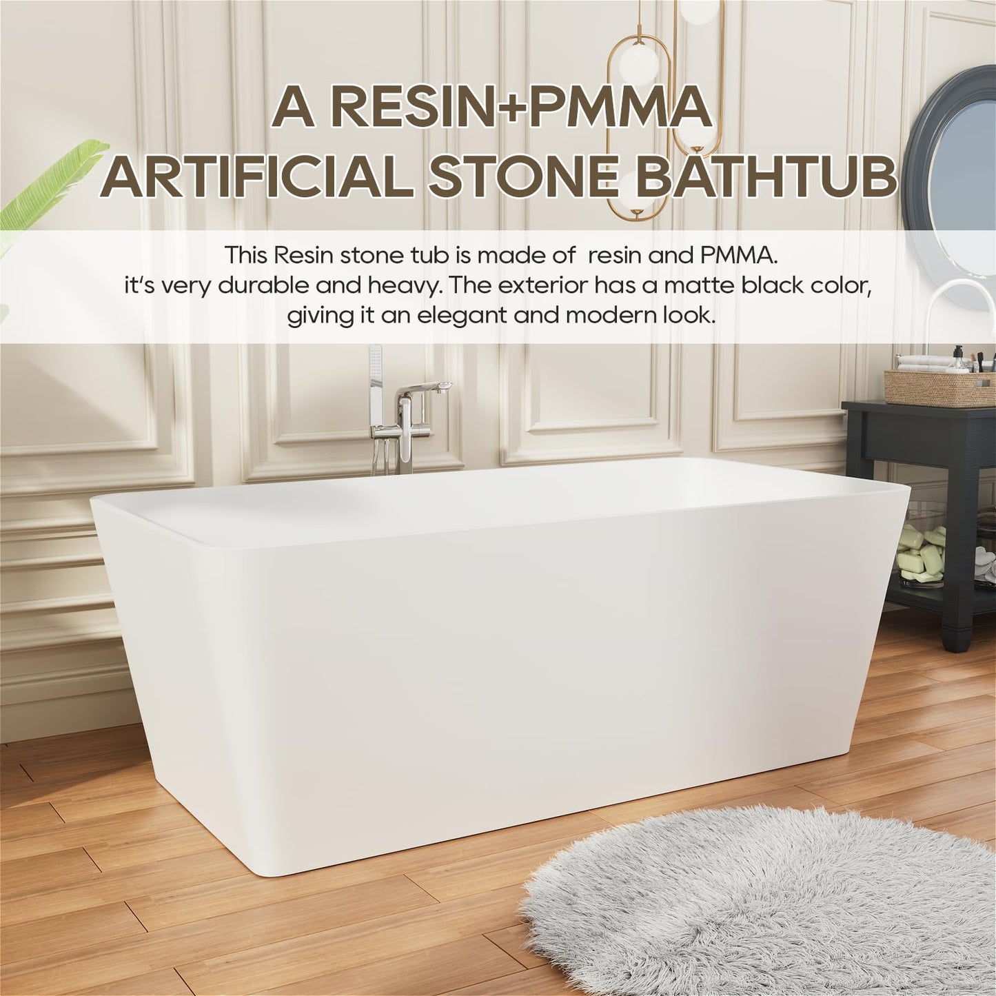 Freestanding Solid Surface Resin Stone Bathtub, Contemporary Design Stand Alone Tub with Pop-up Drain and Overflow, cUPC Certified (PO1041)