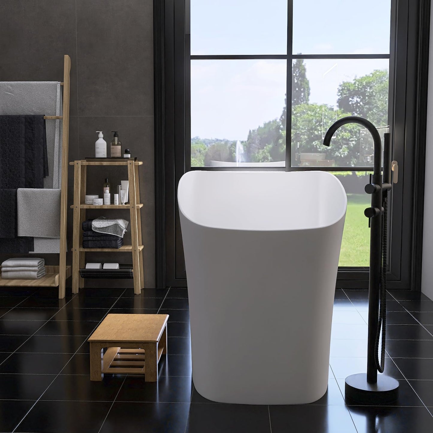 51'' Japanese Soaking Tub Freestanding Bathtub Resin Stone Bathtubs Deep soaking Tub with Overflow and Pop-up Drain - White