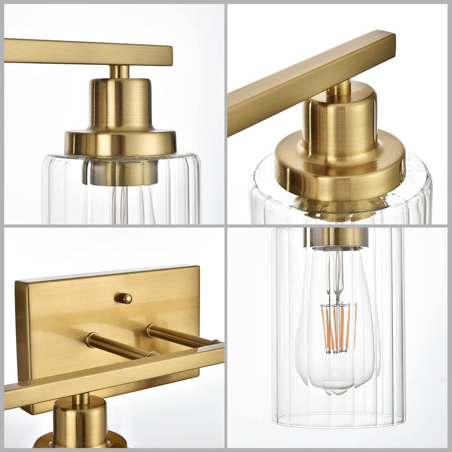 Jonsi Gold Bathroom Vanity Lights, 4 Light Brushed Gold Bathroom Light Fixtures with Fluted Glass Shade, Modern Gold Bathroom lights Over Mirror,Vanity Lighting Fixtures,31.1" W x 10.7" H