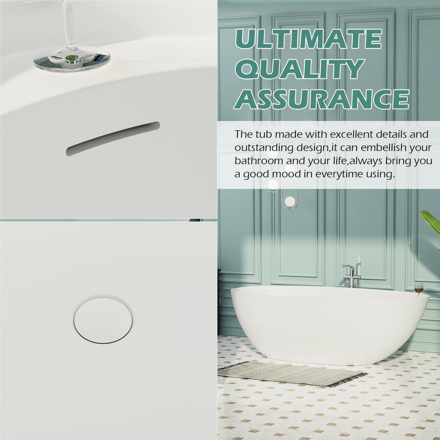 Freestanding Solid Surface Resin Stone Bathtub, Contemporary Design Stand Alone Tub with Pop-up Drain and Overflow, cUPC Certified (PO1041)