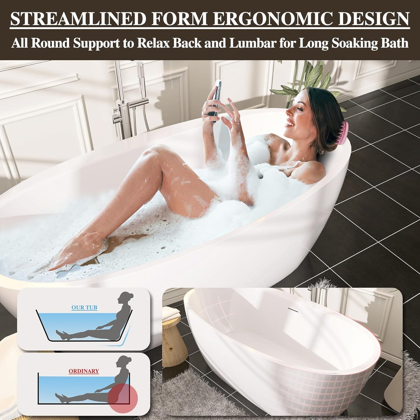59 in. High-back Free Standing Tub, Contemporary Soaking Tub, Bathroom Stand Alone Freestanding Bathtub Overflow and Drain (Glossy White)