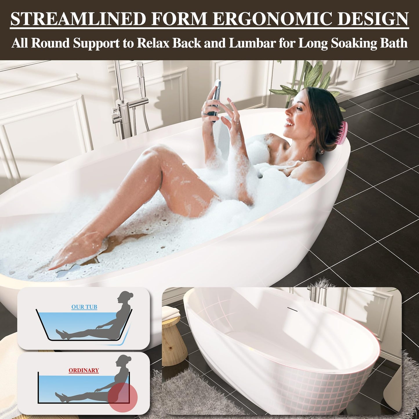 59 in. High-back Free Standing Tub, Contemporary Soaking Tub, Bathroom Stand Alone Freestanding Bathtub Overflow and Drain (Glossy White)