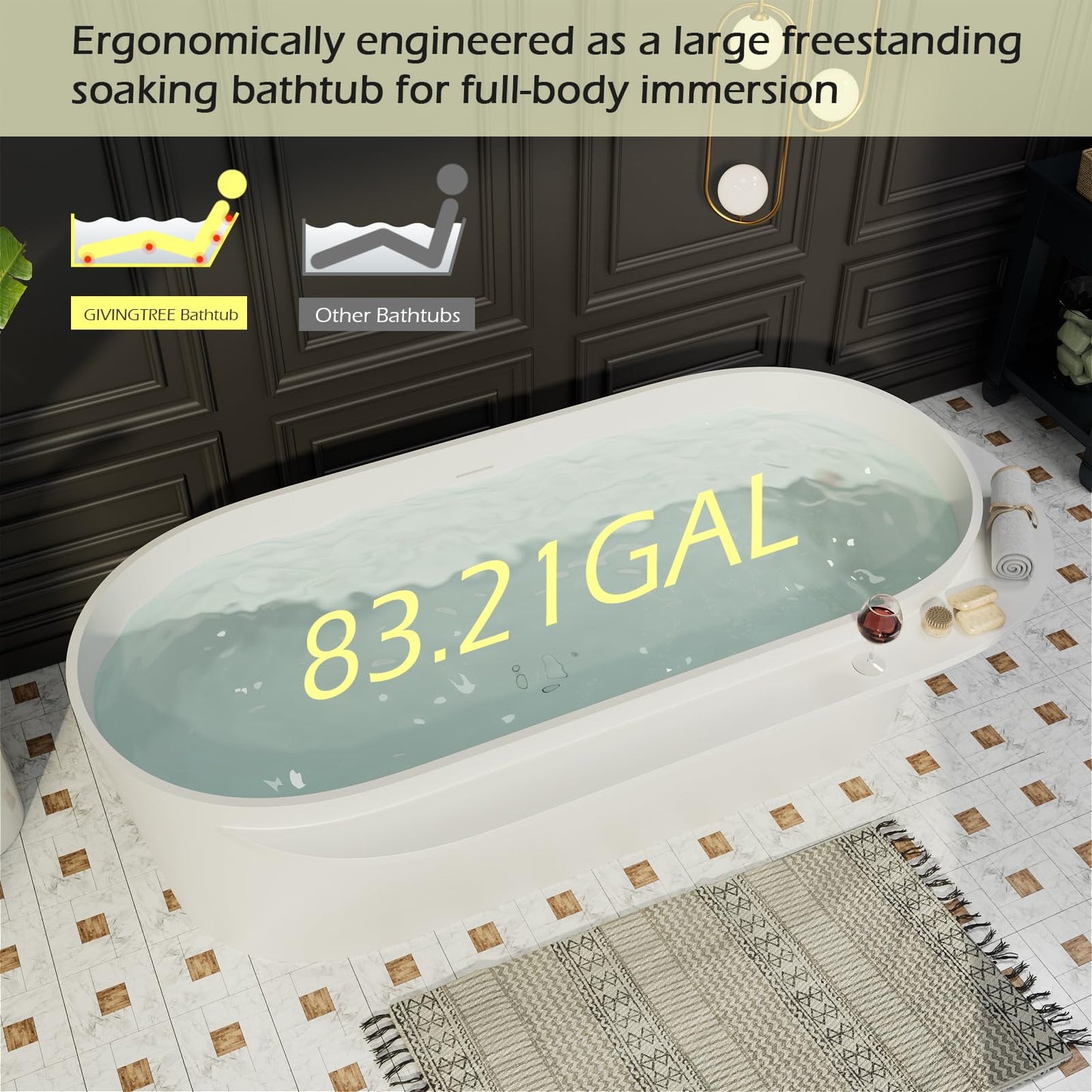Freestanding Solid Surface Resin Stone Bathtub, Contemporary Design Stand Alone Tub with Pop-up Drain and Overflow, cUPC Certified (PO1041)