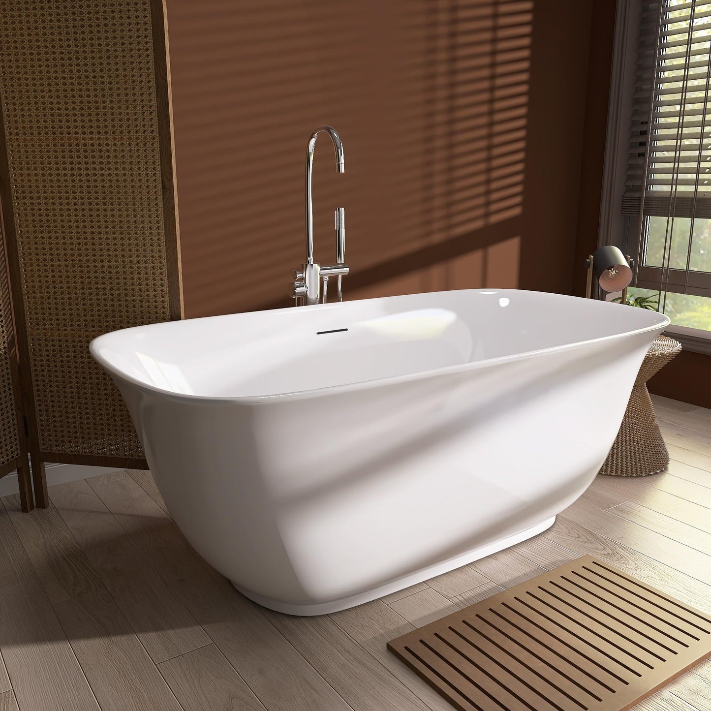 59 in. High-back Free Standing Tub, Contemporary Soaking Tub, Bathroom Stand Alone Freestanding Bathtub Overflow and Drain (Glossy White)