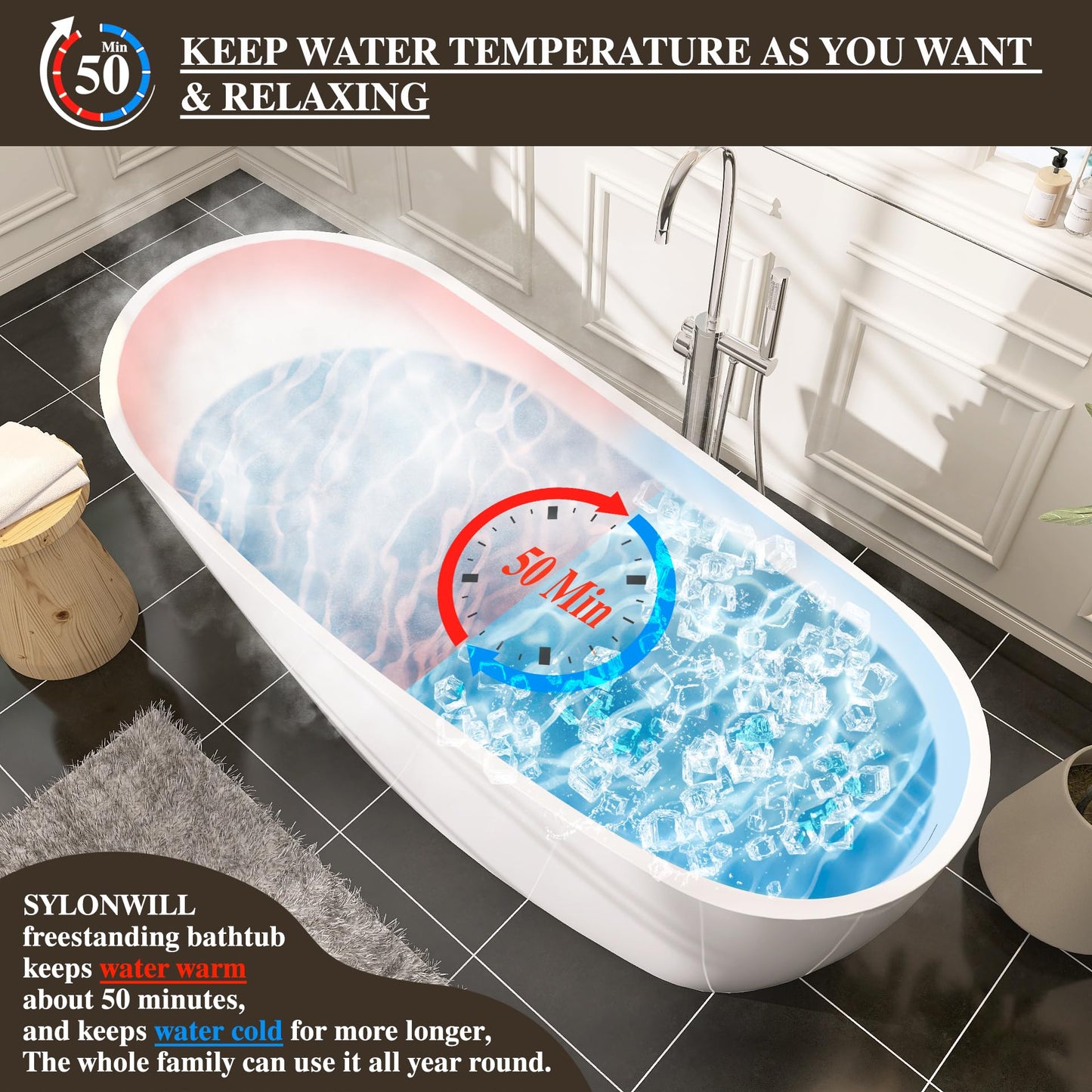 59 in. High-back Free Standing Tub, Contemporary Soaking Tub, Bathroom Stand Alone Freestanding Bathtub Overflow and Drain (Glossy White)