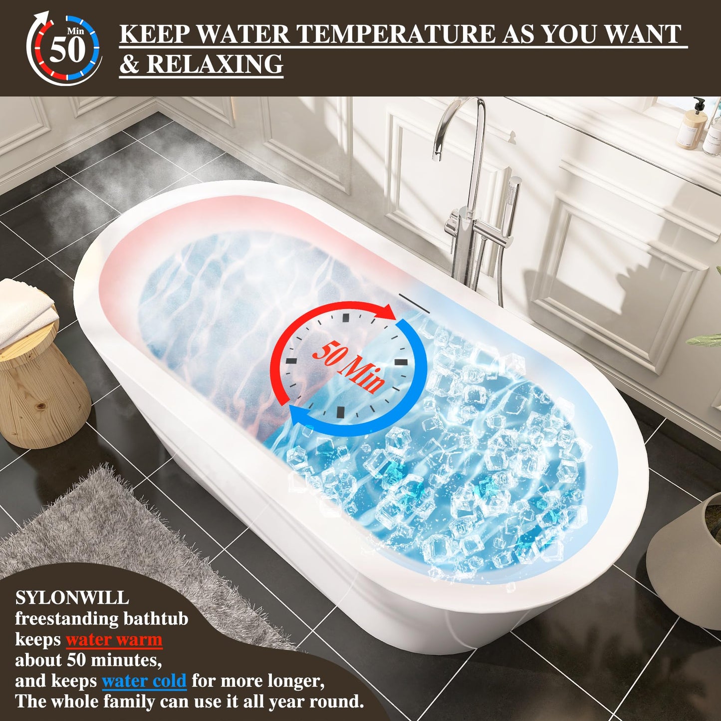 59 in. High-back Free Standing Tub, Contemporary Soaking Tub, Bathroom Stand Alone Freestanding Bathtub Overflow and Drain (Glossy White)