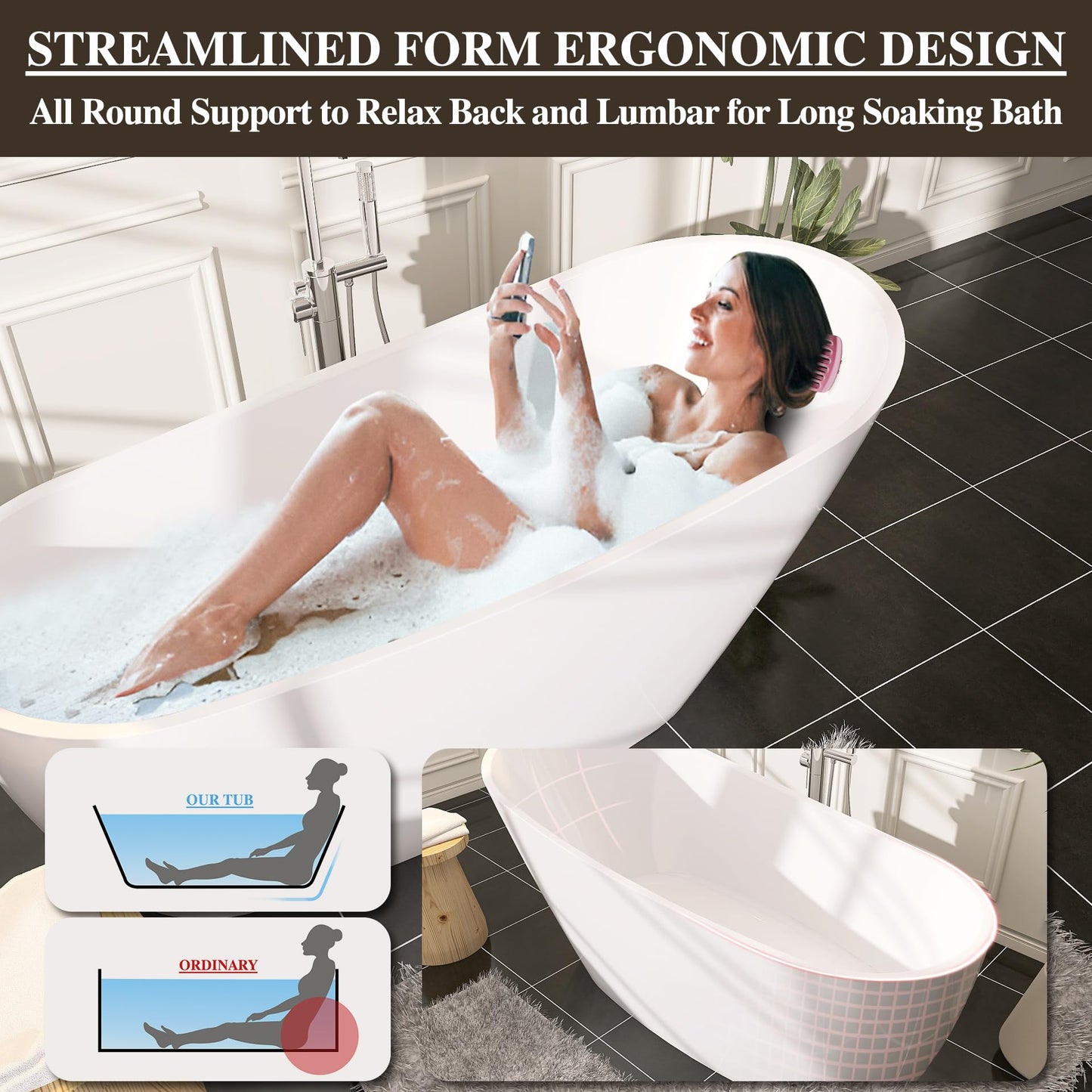 59 in. High-back Free Standing Tub, Contemporary Soaking Tub, Bathroom Stand Alone Freestanding Bathtub Overflow and Drain (Glossy White)