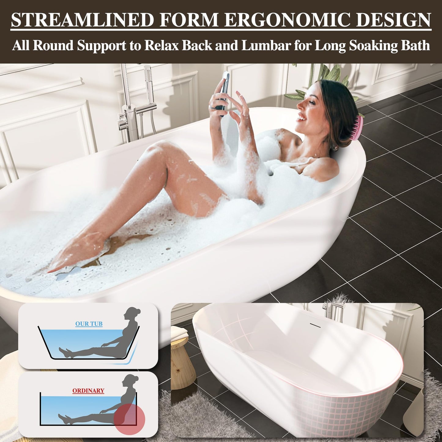 59 in. High-back Free Standing Tub, Contemporary Soaking Tub, Bathroom Stand Alone Freestanding Bathtub Overflow and Drain (Glossy White)
