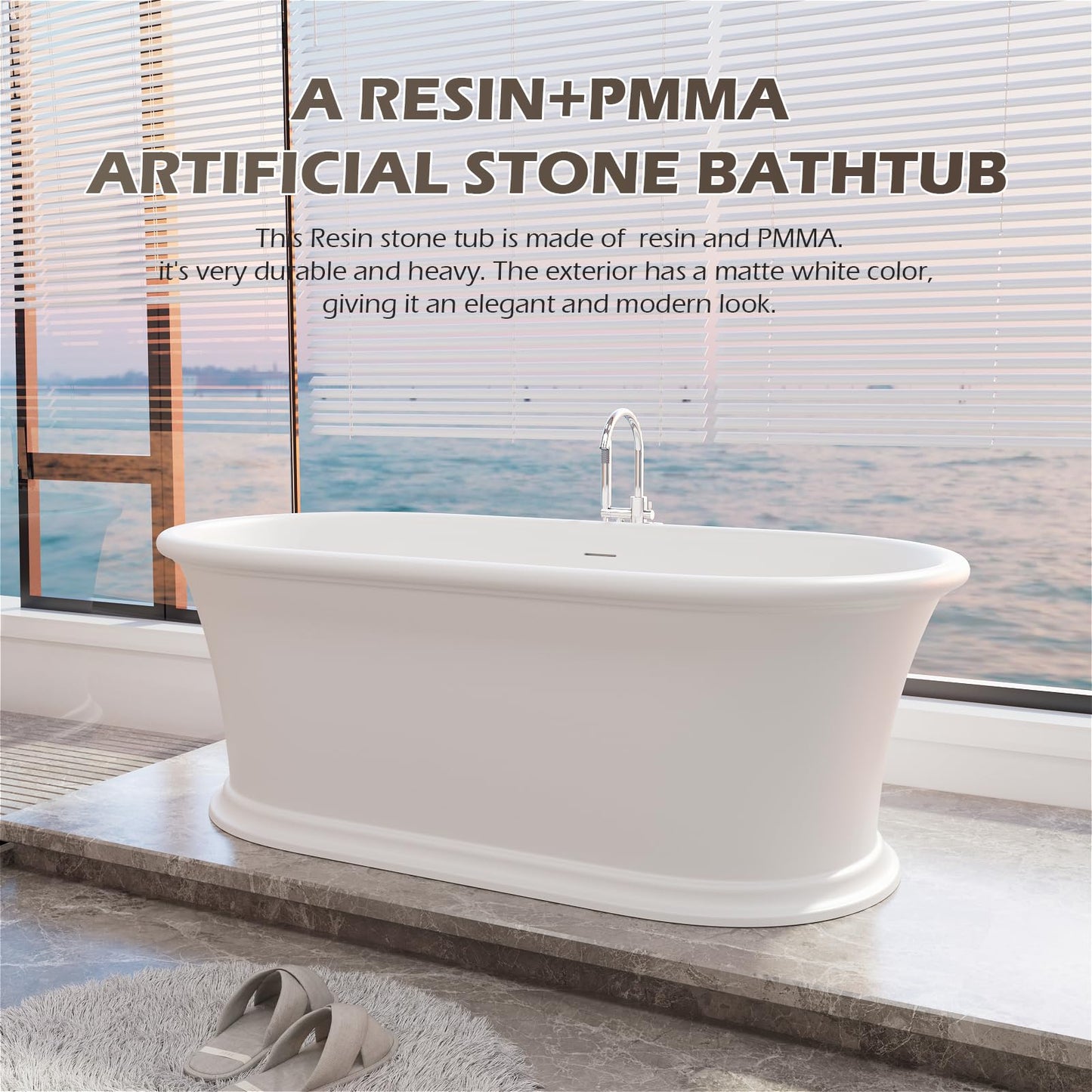 Freestanding Solid Surface Resin Stone Bathtub, Contemporary Design Stand Alone Tub with Pop-up Drain and Overflow, cUPC Certified (PO1041)