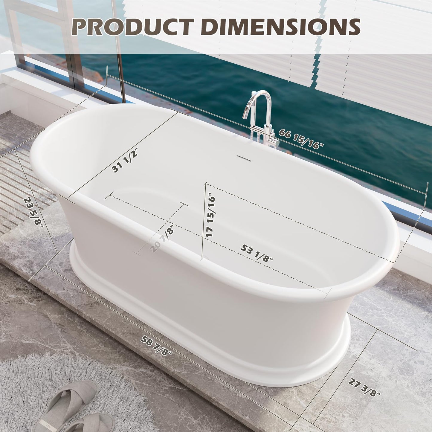 Freestanding Solid Surface Resin Stone Bathtub, Contemporary Design Stand Alone Tub with Pop-up Drain and Overflow, cUPC Certified (PO1041)