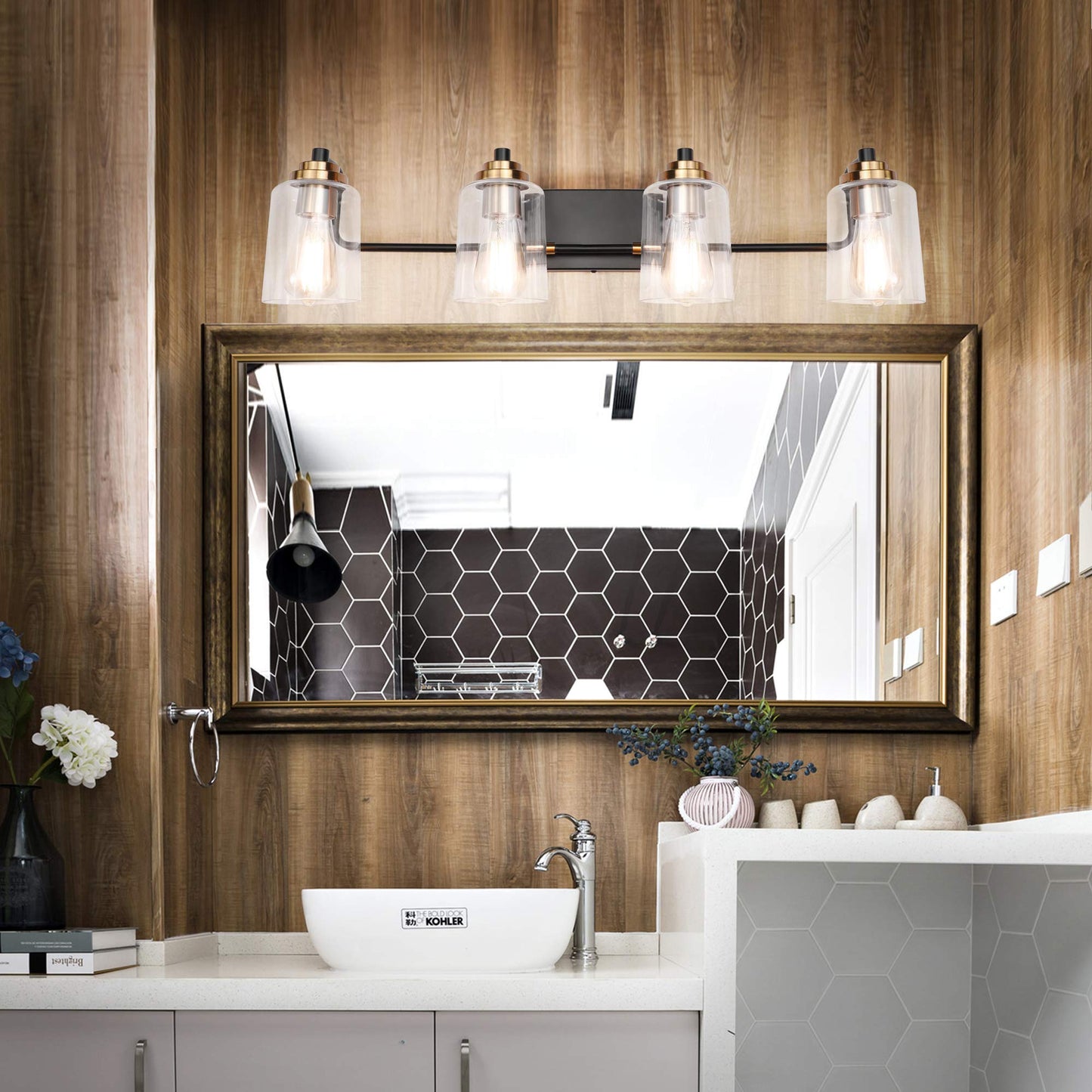 SOLFART Vintage Vanity Lighting Fixtures for Bathroom Black with Bronze Wall Lamp Sconce Black with Bronze 4 lights