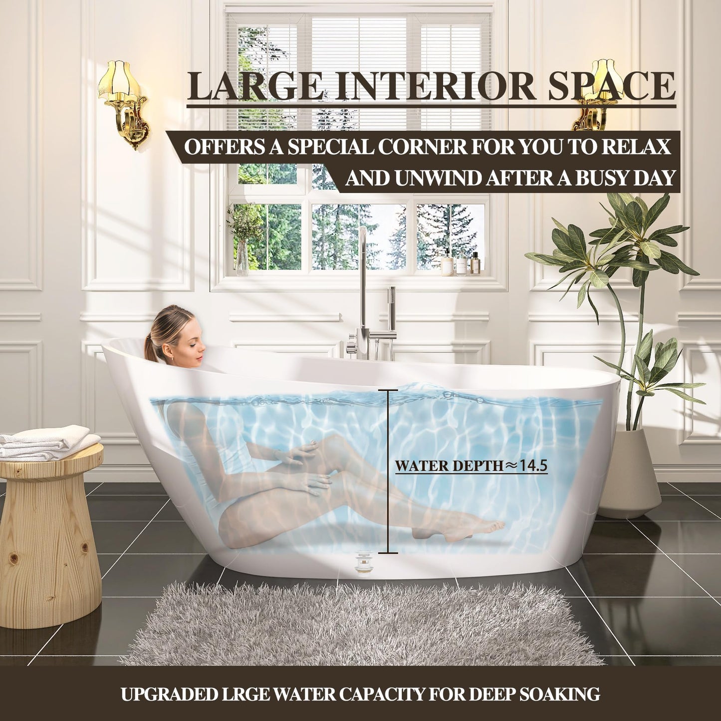 59 in. High-back Free Standing Tub, Contemporary Soaking Tub, Bathroom Stand Alone Freestanding Bathtub Overflow and Drain (Glossy White)