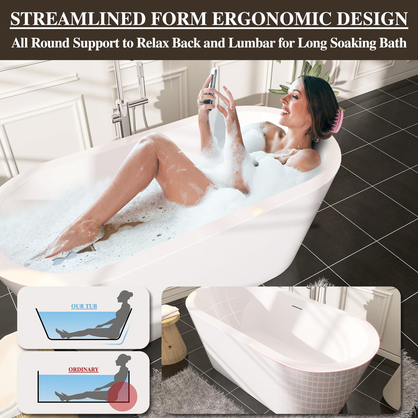 59 in. High-back Free Standing Tub, Contemporary Soaking Tub, Bathroom Stand Alone Freestanding Bathtub Overflow and Drain (Glossy White)