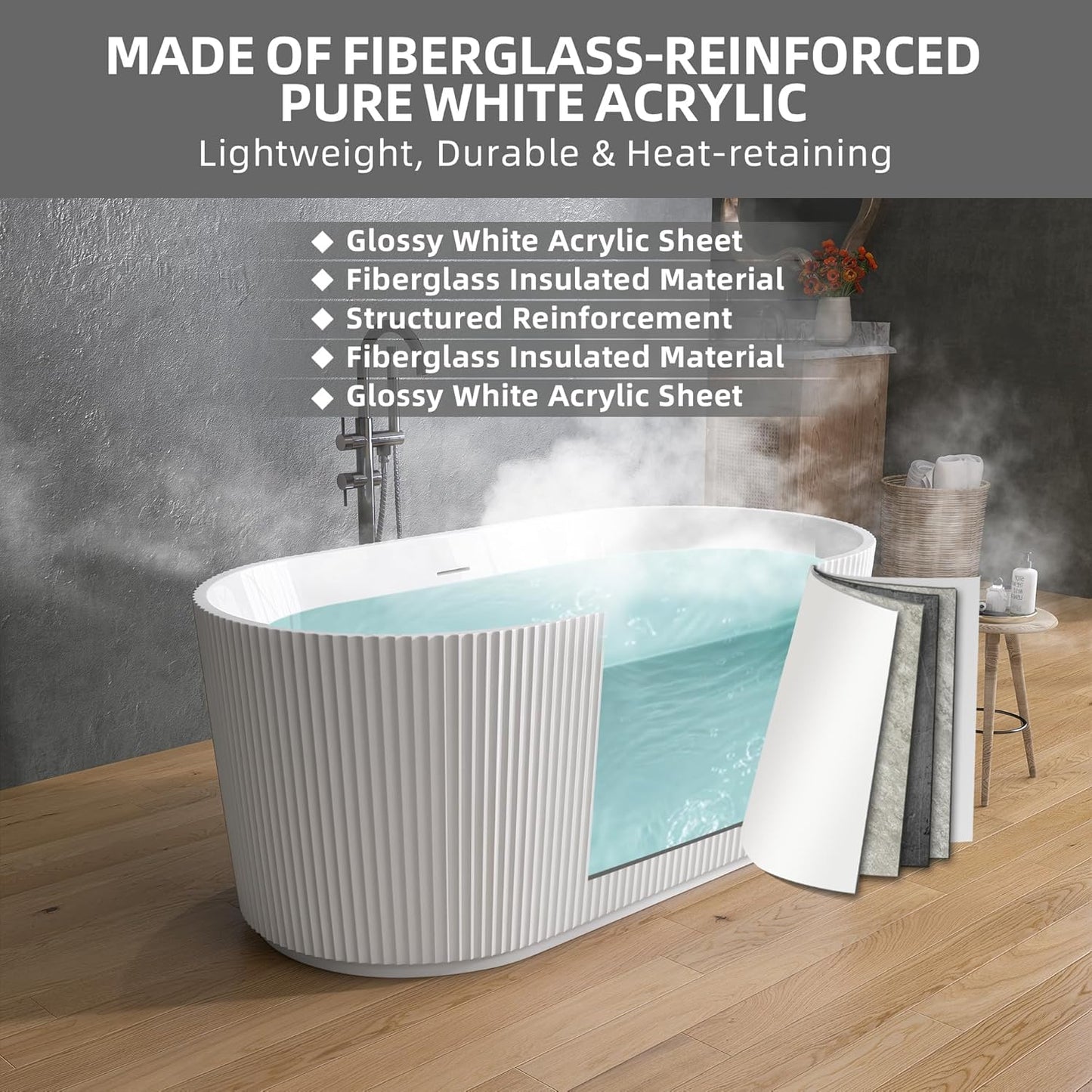LOVMOR 67" Acrylic Freestanding Soaking Bathtub Soaking Bath Tub with Brushed Nickel Overflow and Pop Up Drain for Bathroom, Double Slipper Tub, Whit