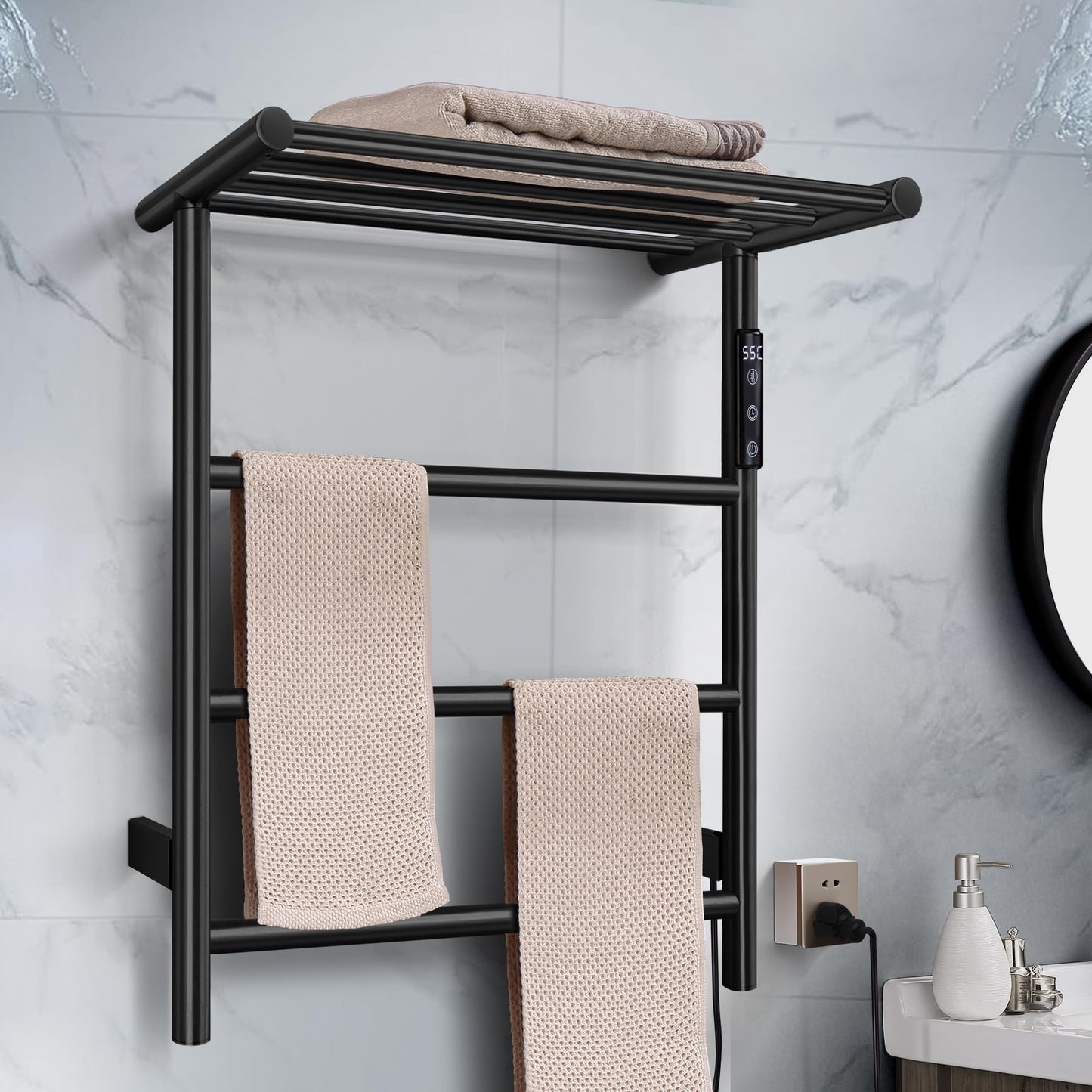 Towel Warmer Wall Mounted with 3 Electric Stainless Steel Heated Bars, Hot Towel Rack for Bathroom, Plug-in BathTowel Heater with Built-in Timer, Brushed Gold