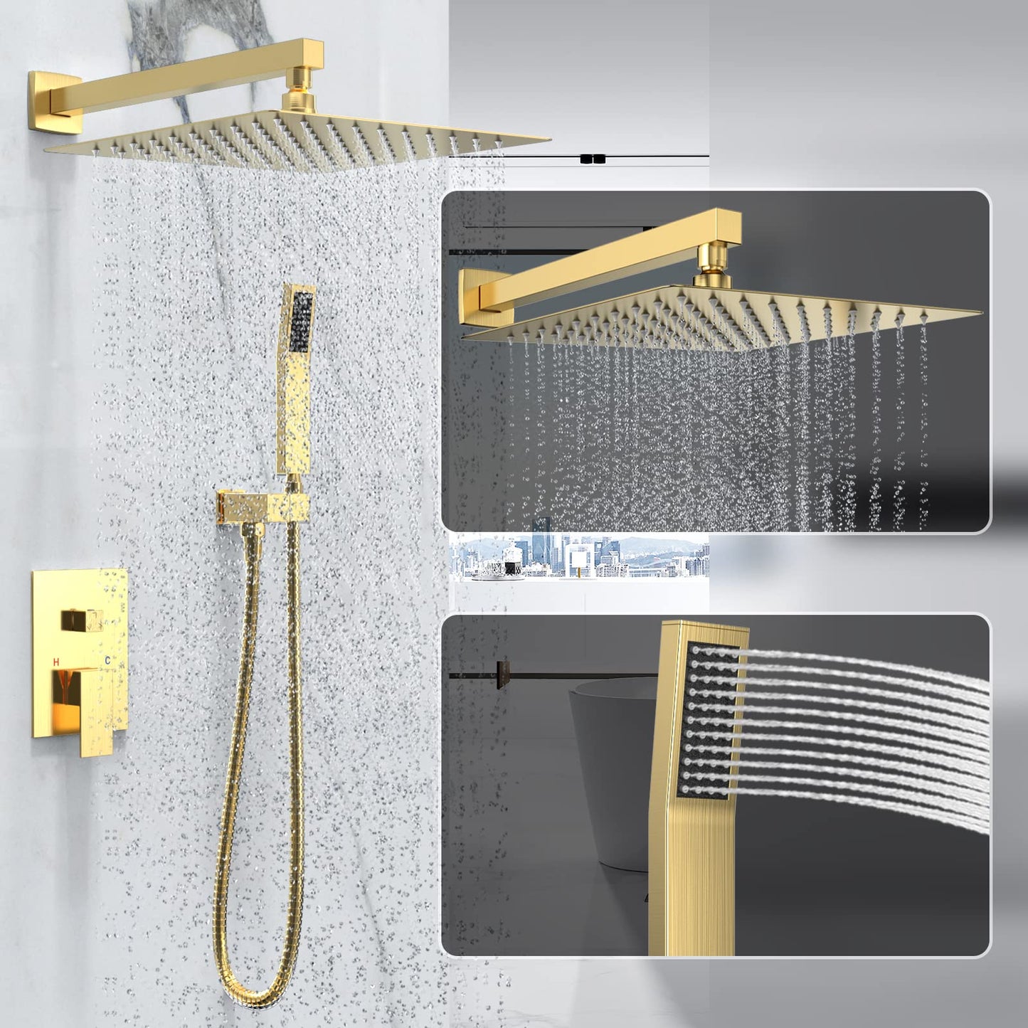 Rain Shower System 10 Inches Shower Head with Handheld Combo Set for Bathroom,High Pressure Rainfall Shower Faucet Set Wall Mounted,Rough-in Valve and Trim Kit(Brushed Gold)
