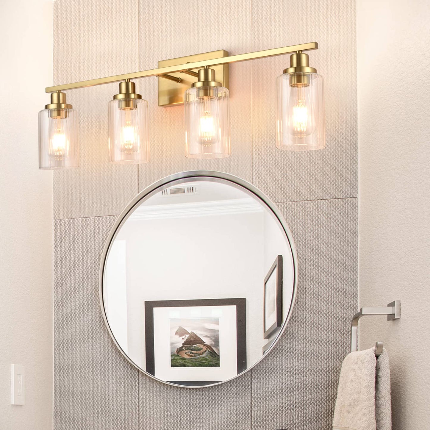 Jonsi Gold Bathroom Vanity Lights, 4 Light Brushed Gold Bathroom Light Fixtures with Fluted Glass Shade, Modern Gold Bathroom lights Over Mirror,Vanity Lighting Fixtures,31.1" W x 10.7" H