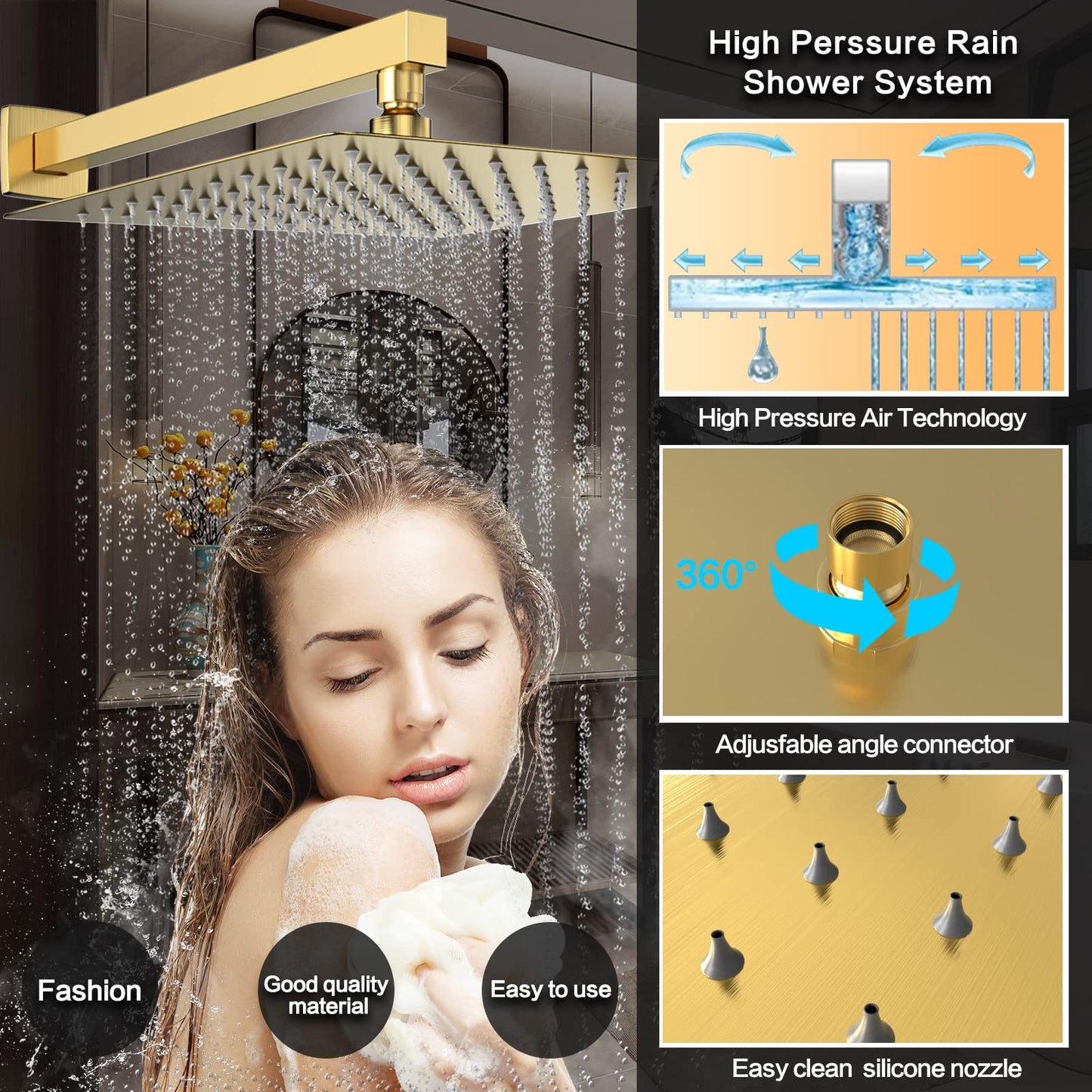 Rain Shower System 10 Inches Shower Head with Handheld Combo Set for Bathroom,High Pressure Rainfall Shower Faucet Set Wall Mounted,Rough-in Valve and Trim Kit(Brushed Gold)