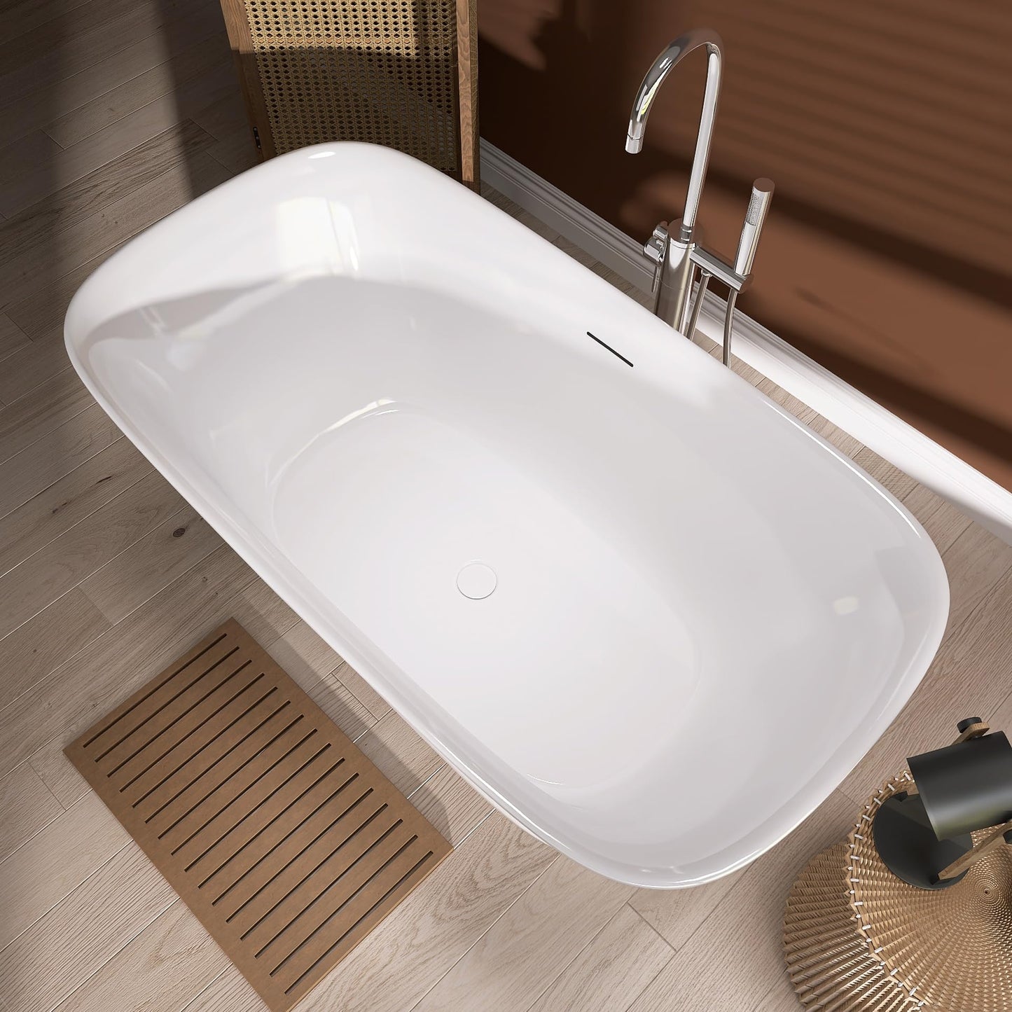 59 in. High-back Free Standing Tub, Contemporary Soaking Tub, Bathroom Stand Alone Freestanding Bathtub Overflow and Drain (Glossy White)